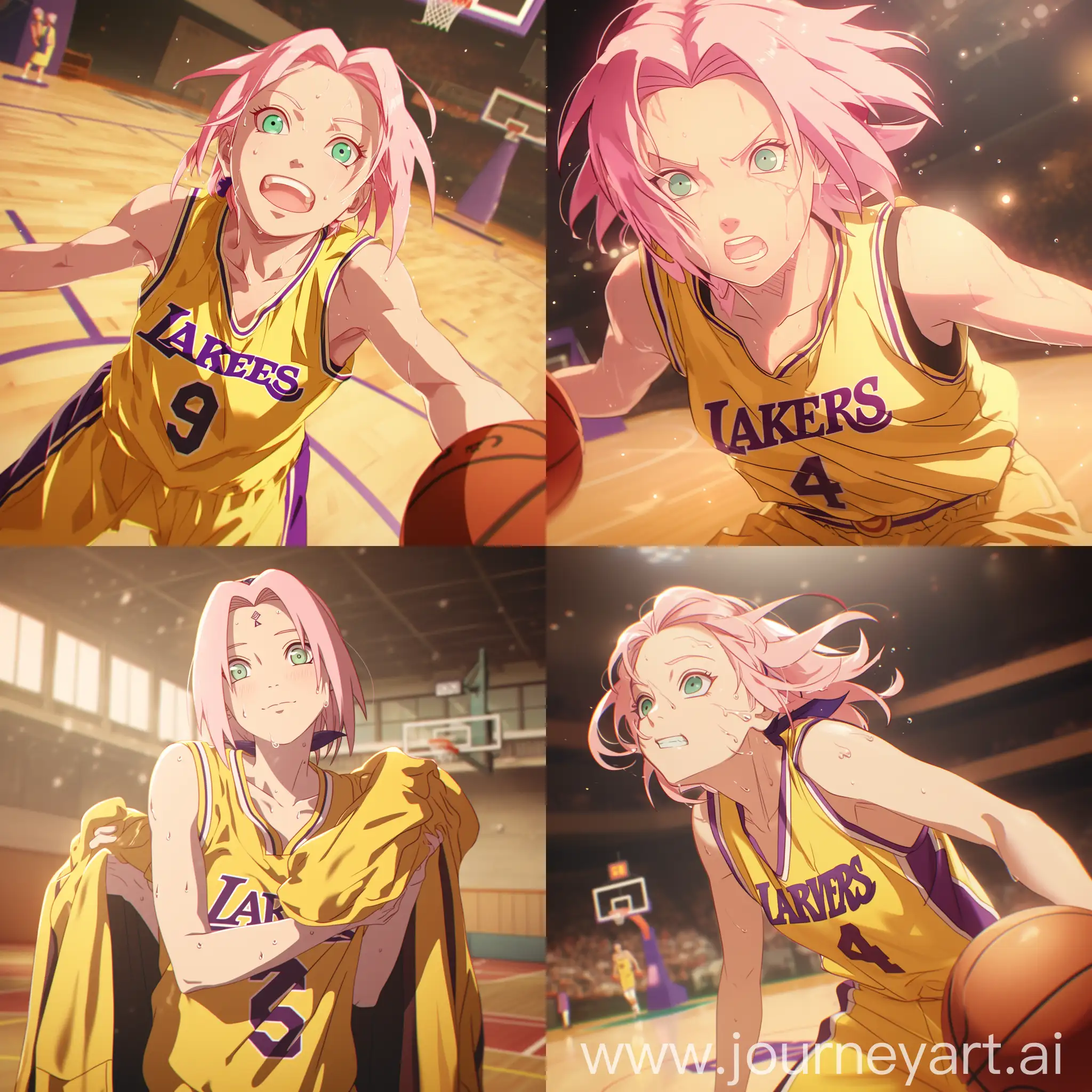 photo screenshot from anime, Sakura Haruno from Naruto anime, yellow basketball uniform "LAKERS", sweat, basketball court --niji 6