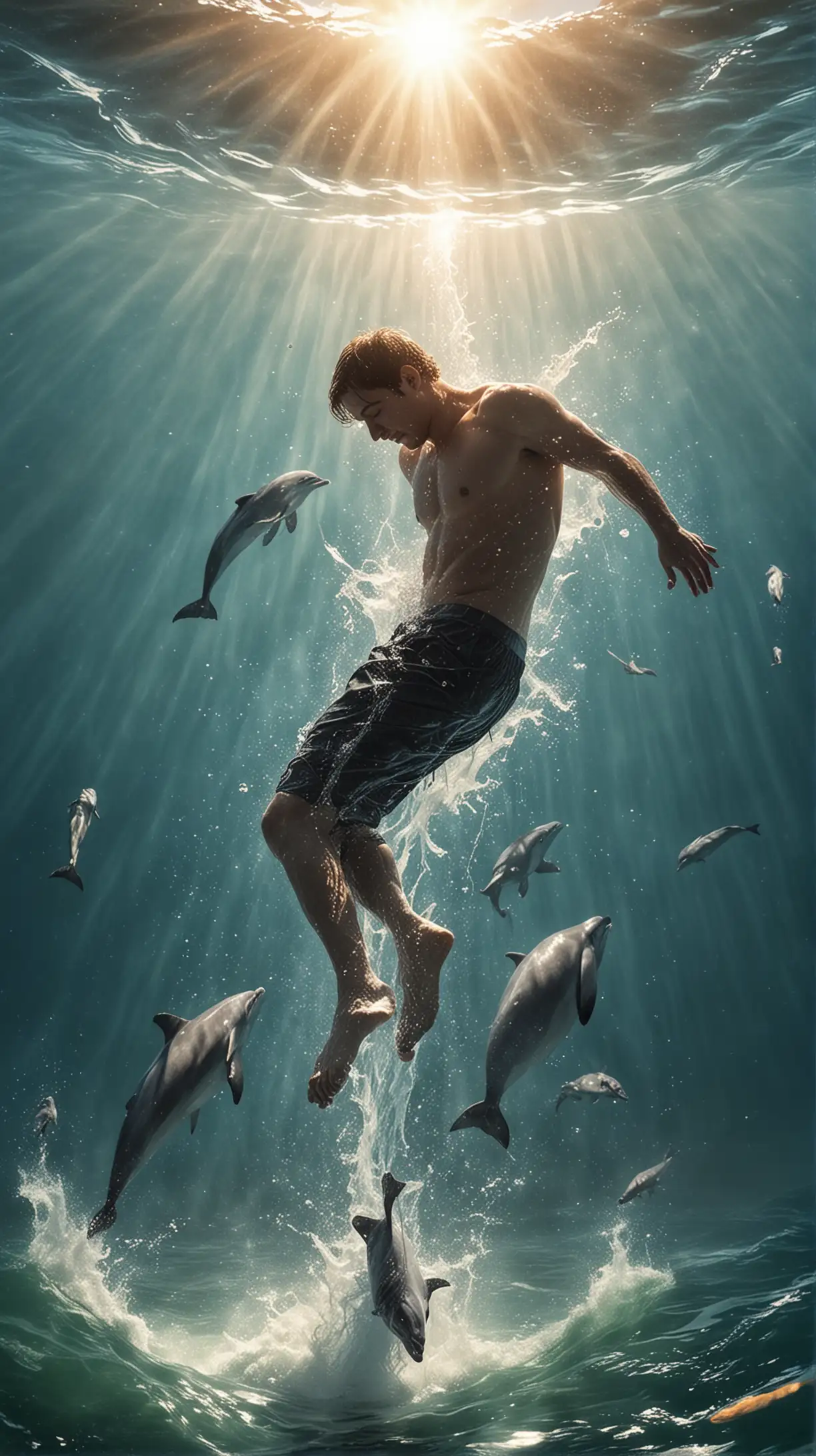 抹去图中的文字以及海豚，利用这张图的构图和光线，去表现一个掉入水中的人，他在逐渐下沉，但太阳光照在他的身上，他的身边围绕着鱼群，整体呈现出现实主义的风格。