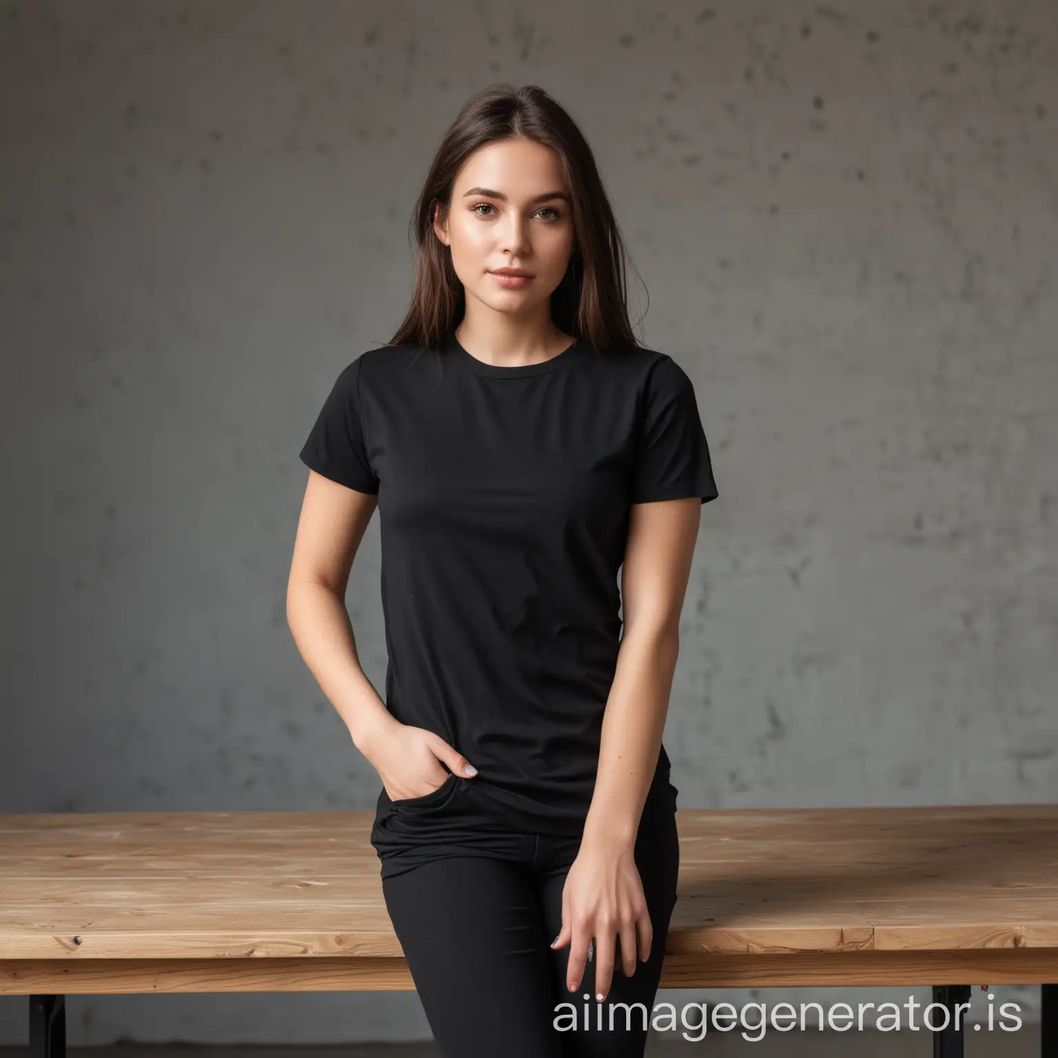 Female model wearing black basic tee standing near table