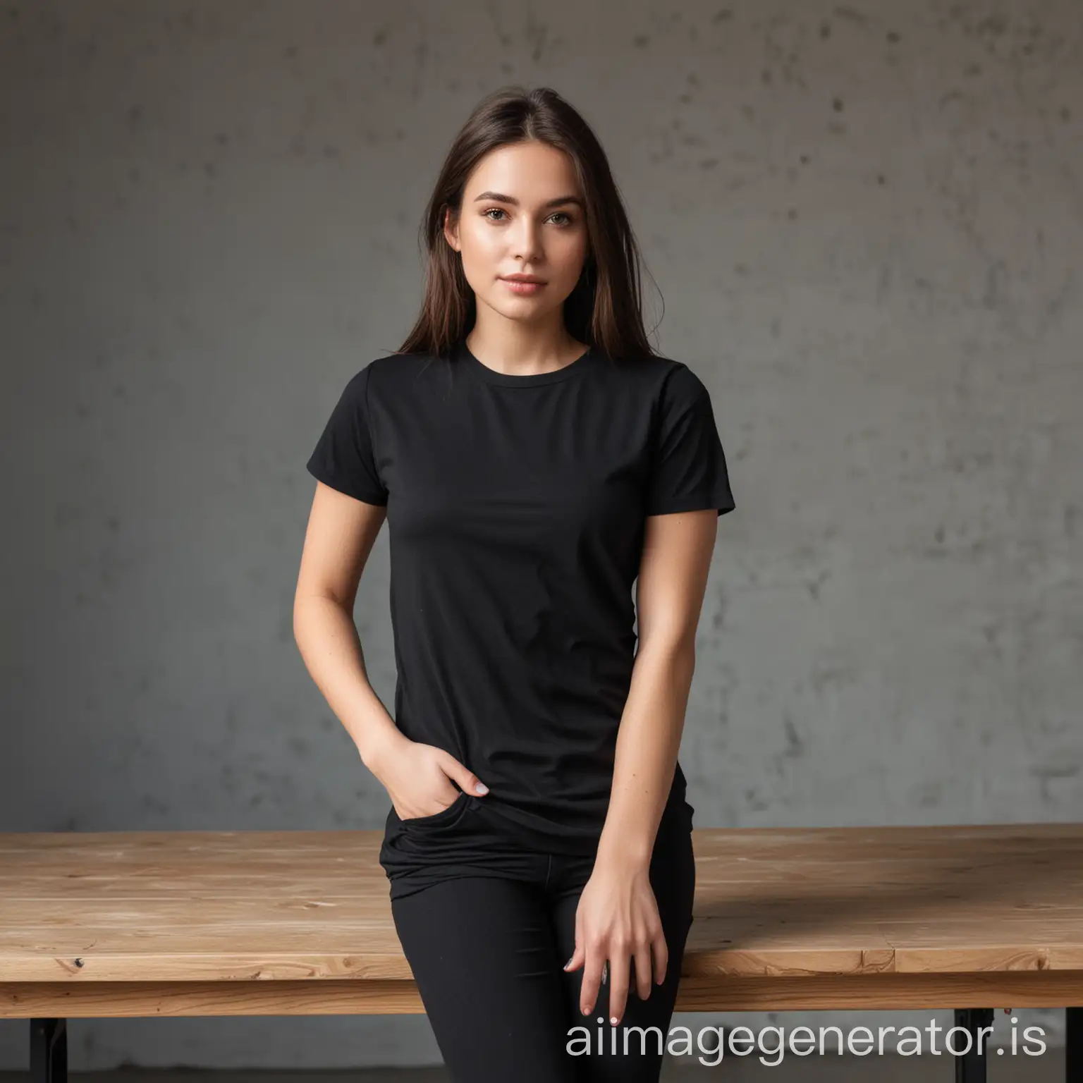 Female-Model-in-Black-Basic-Tee-Standing-Near-Table