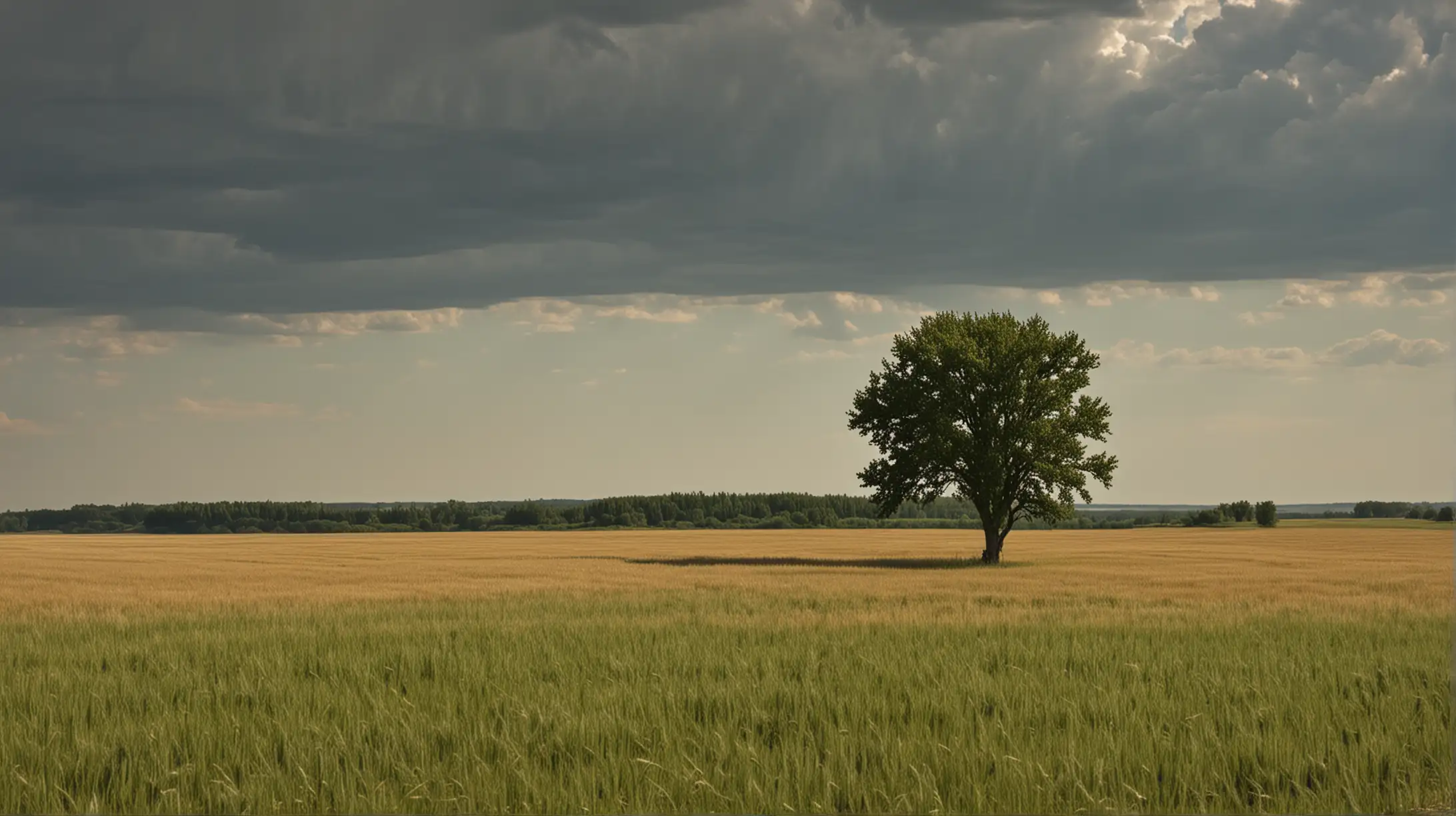 Sunny Afternoon Landscape Wheat Field and Forest Horizon View