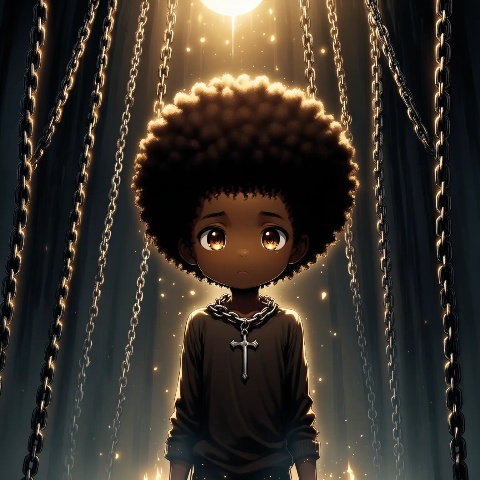 Adorable BrownSkinned Boy in Gothic House Surrounded by Violent Spirits and Steel Chains