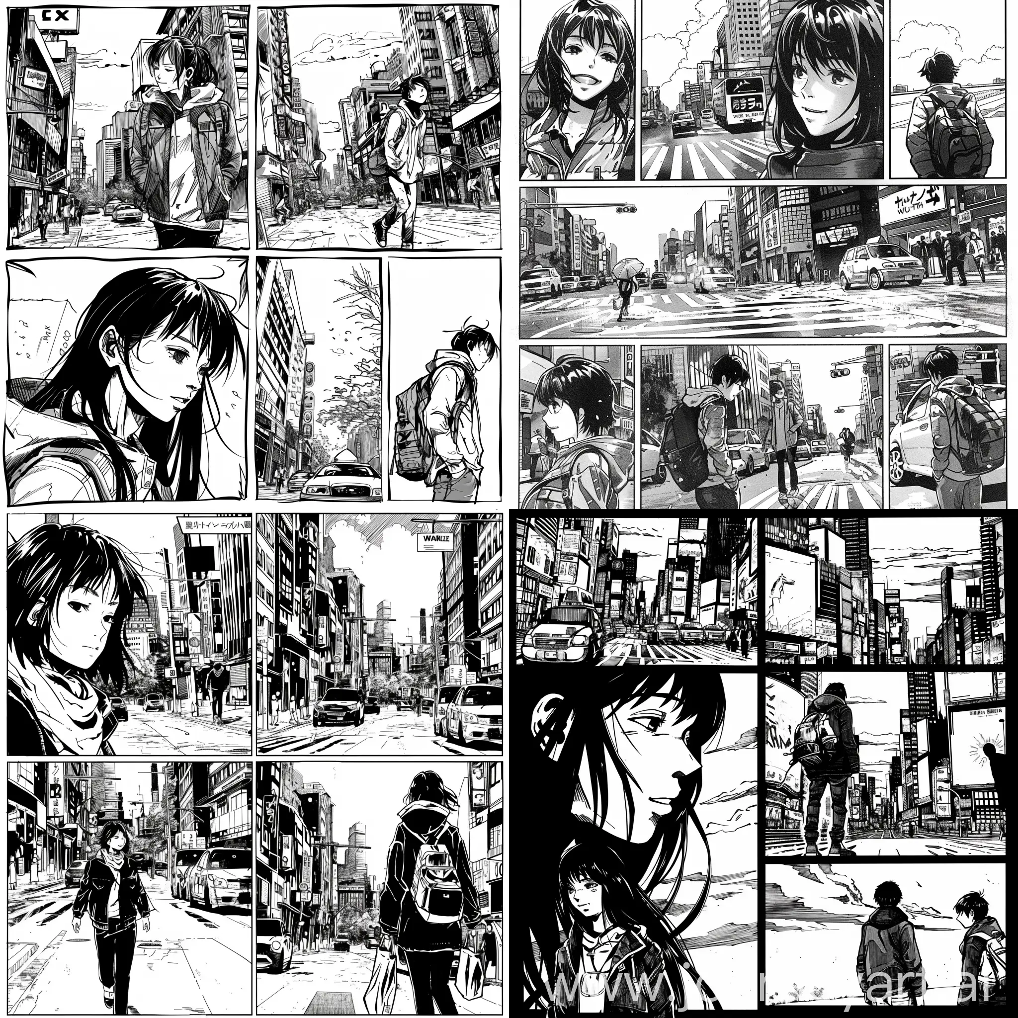 comic book page with panels in the style of anime, black and white manga. Each panel depicts a girl and a guy walking along NYC