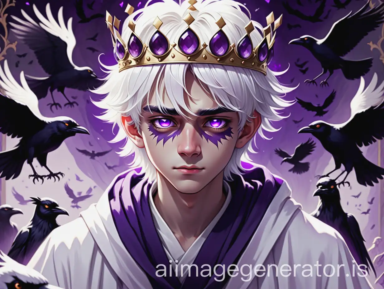A white haired 17 year old teenage boy with amethyst covered pupils who's wearing white robes and a crown on his head and shadows and crows dancing around him