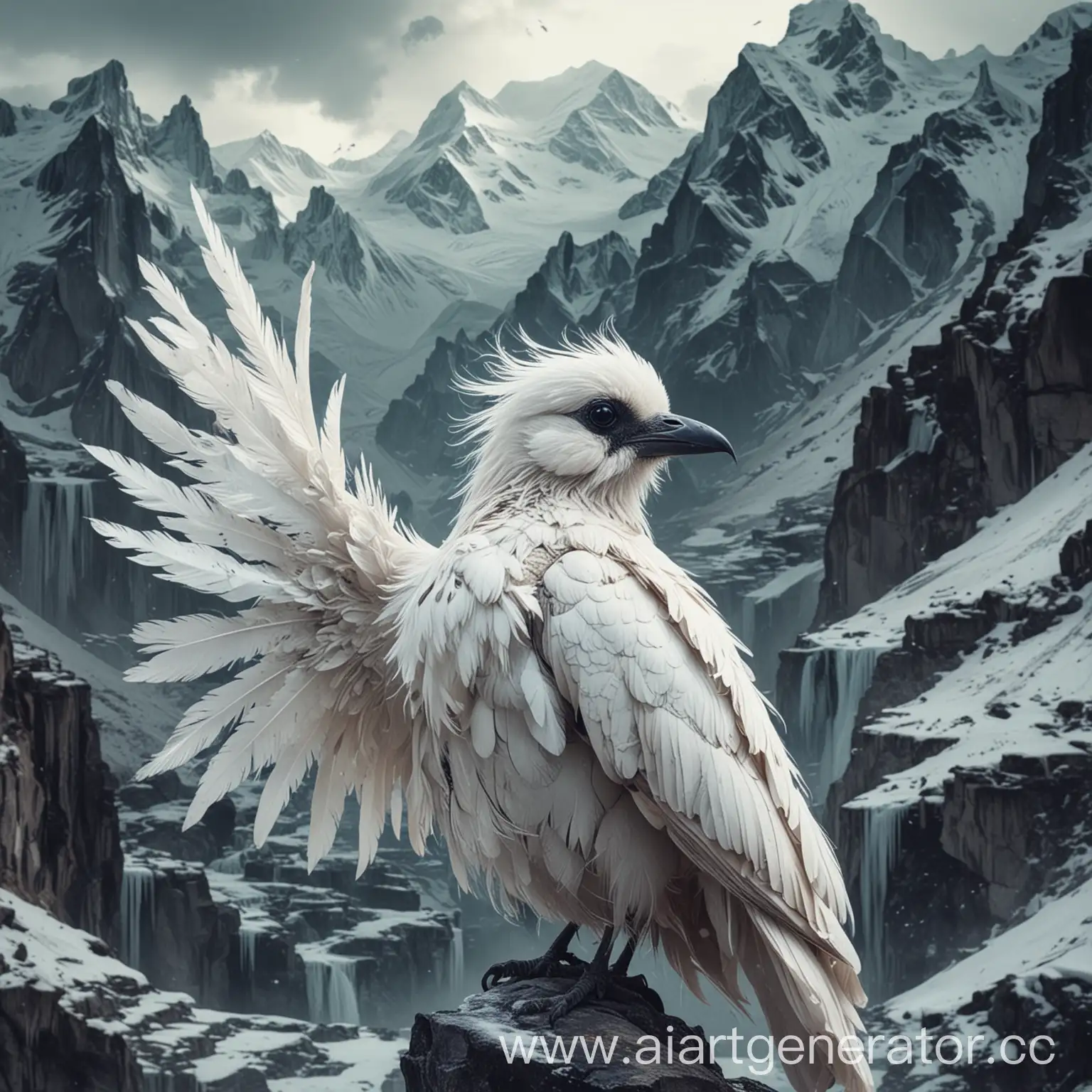 опиумная птица с белой длинной шерстью и темными глазами на фоне ледяных гор с глитч эффектом