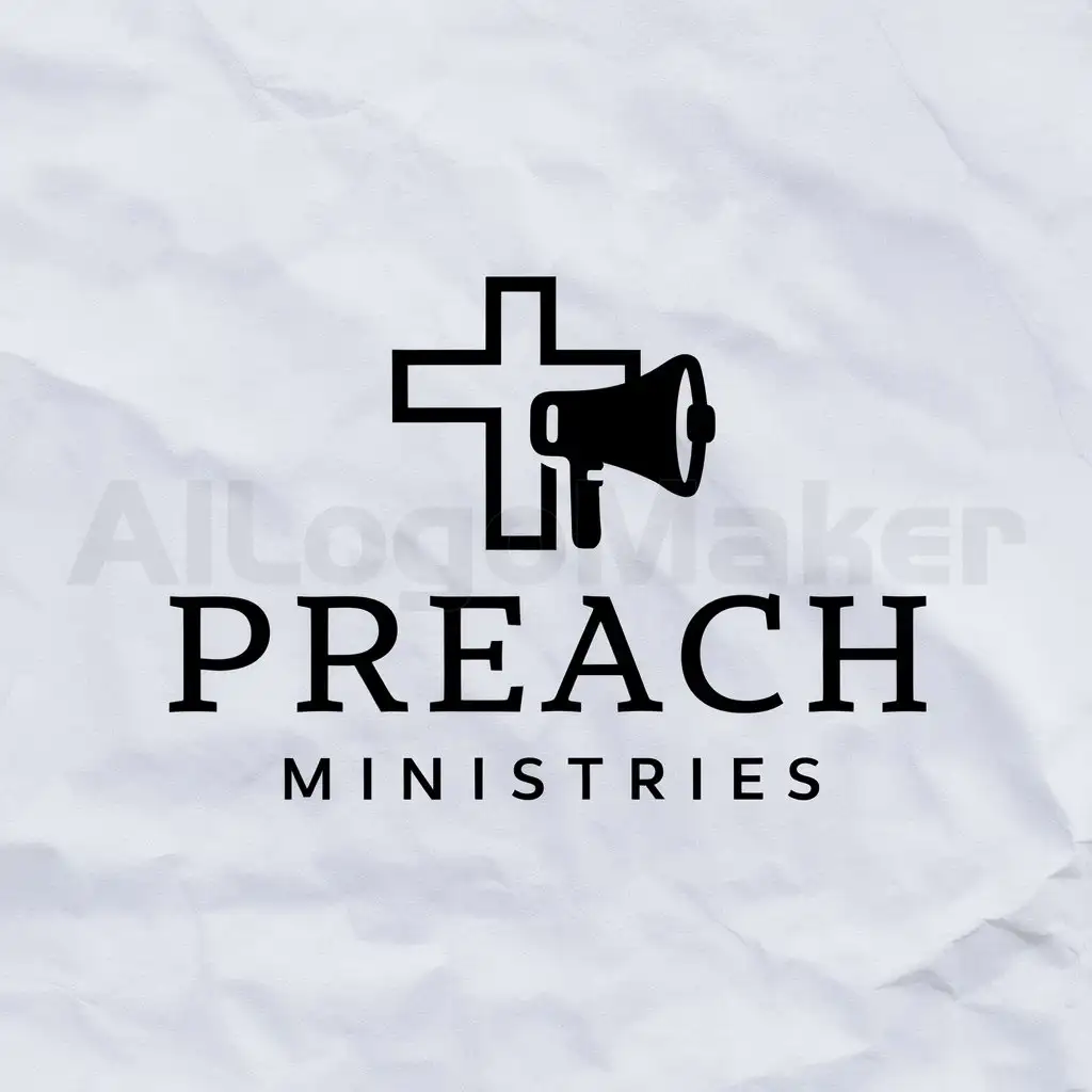 a logo design,with the text "Preach ministries", main symbol:Cross, megaphone,Moderate,clear background