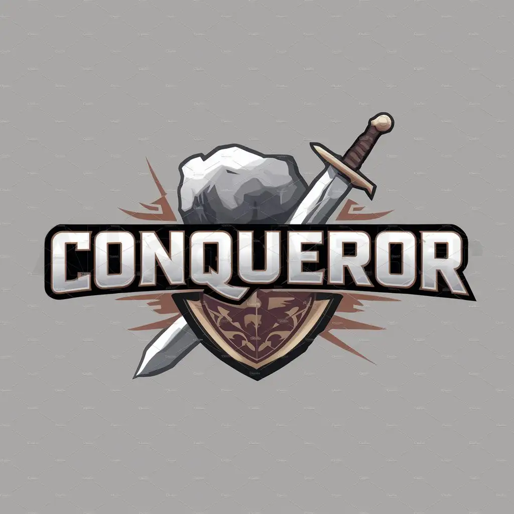 a logo design,with the text "Conqueror", main symbol:Rock, Sword and Shield,Moderate,clear background