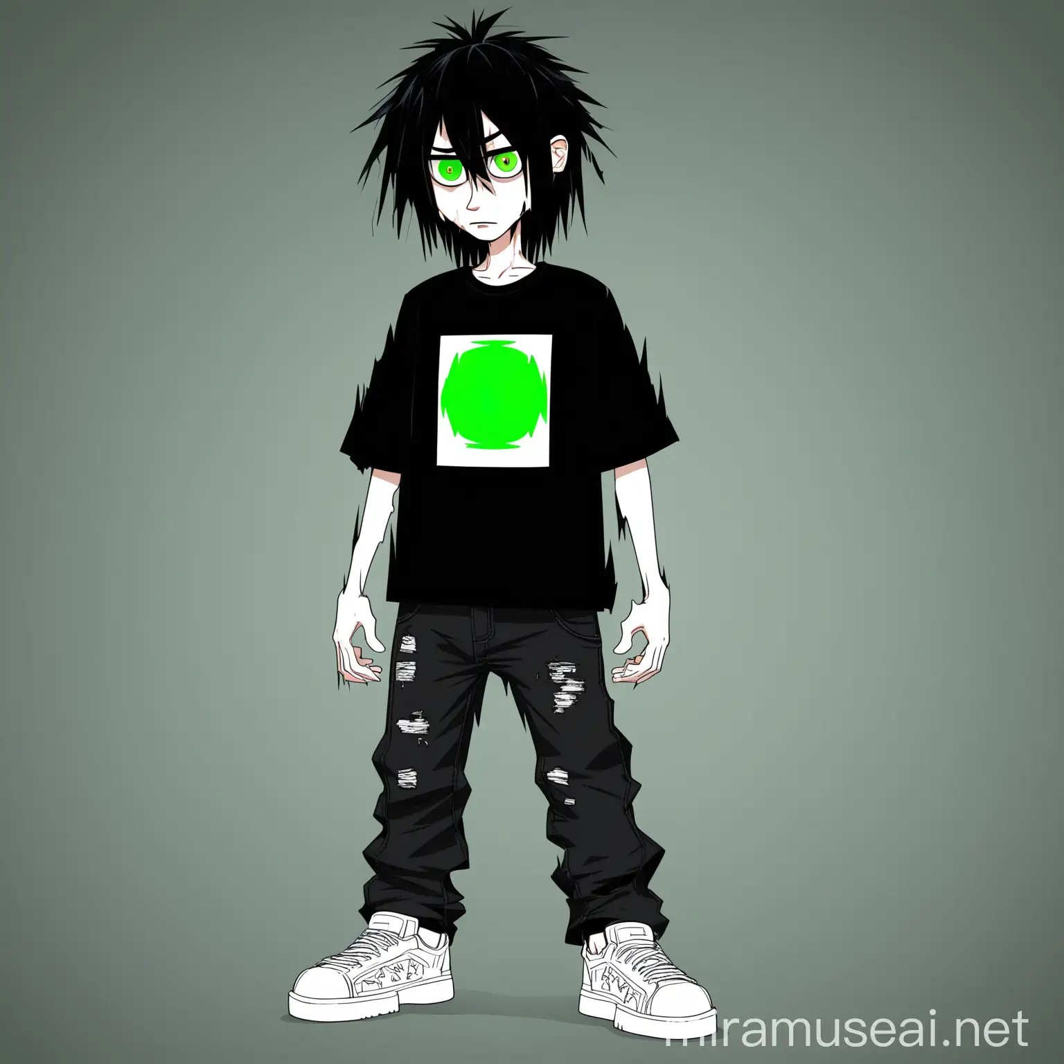 The cartoon depicts an emo boy, in the "T" position and in full height, wearing black baggy jeans and white low-top sneakers and a black oversize T-shirt. He has long dark hair, disheveled and unkempt, green eyes.do this in the form of a cartoon small polygonal 3D character in full height (the head is smoother and larger).
