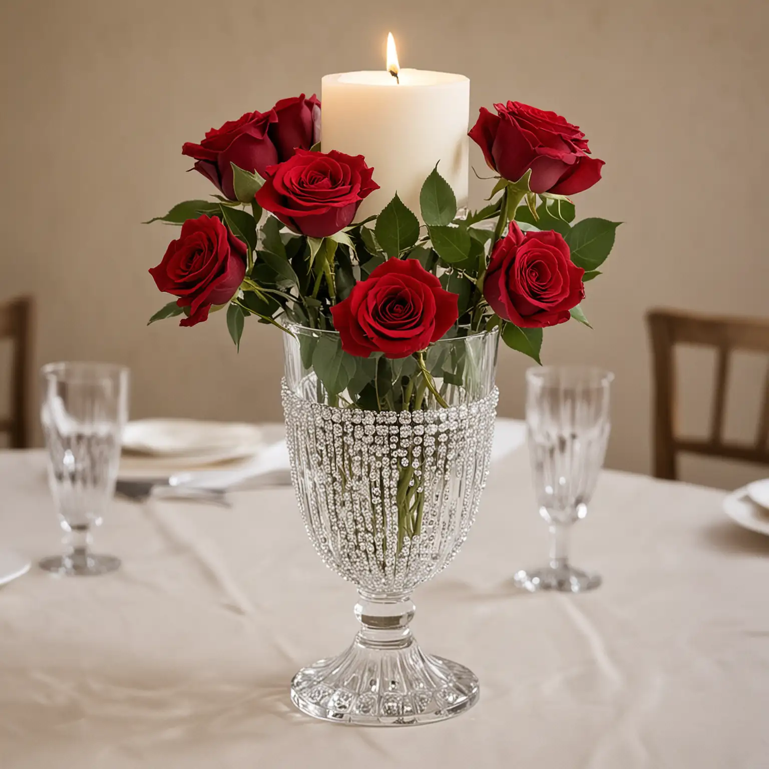 simple DIY elegant centerpiece with red roses in a crystal vase