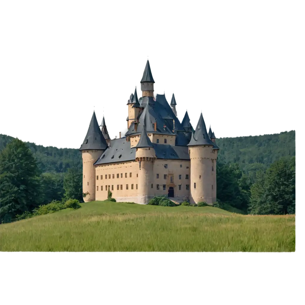 early middle age, a small castle in the summer. near forest.