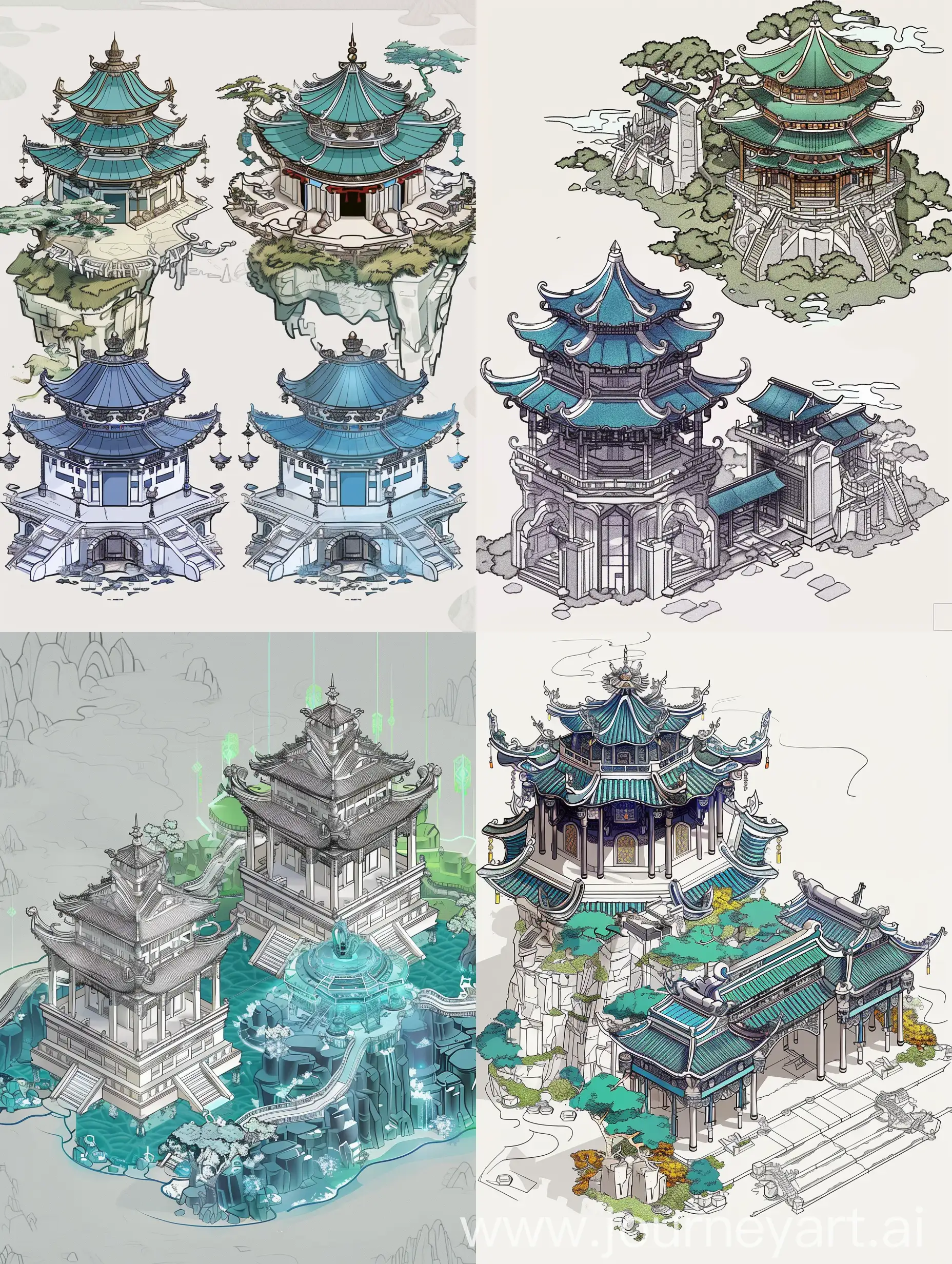 Taoist-Style-Game-Buildings-in-Blue-and-Green