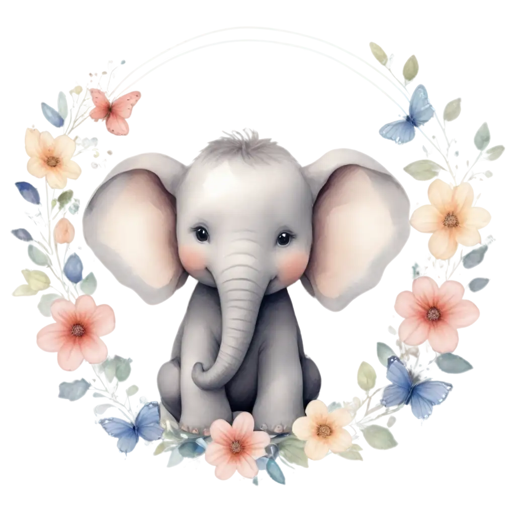 PNG-Image-of-Baby-Elephant-Sitting-Surrounded-by-Flowers-and-Butterflies