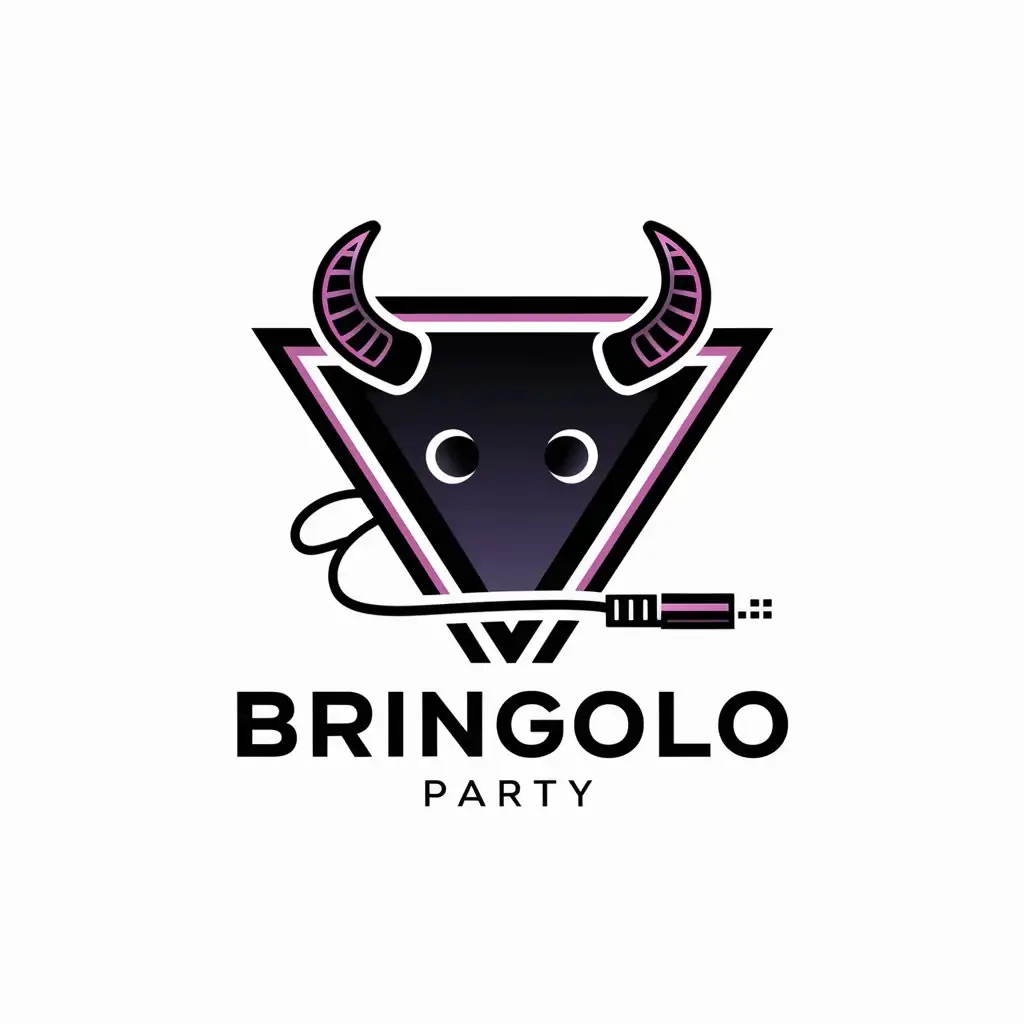 logo for the music event team called BRINGOLO PARTY, with a triangle with horns and jack cable, in dark neon mode