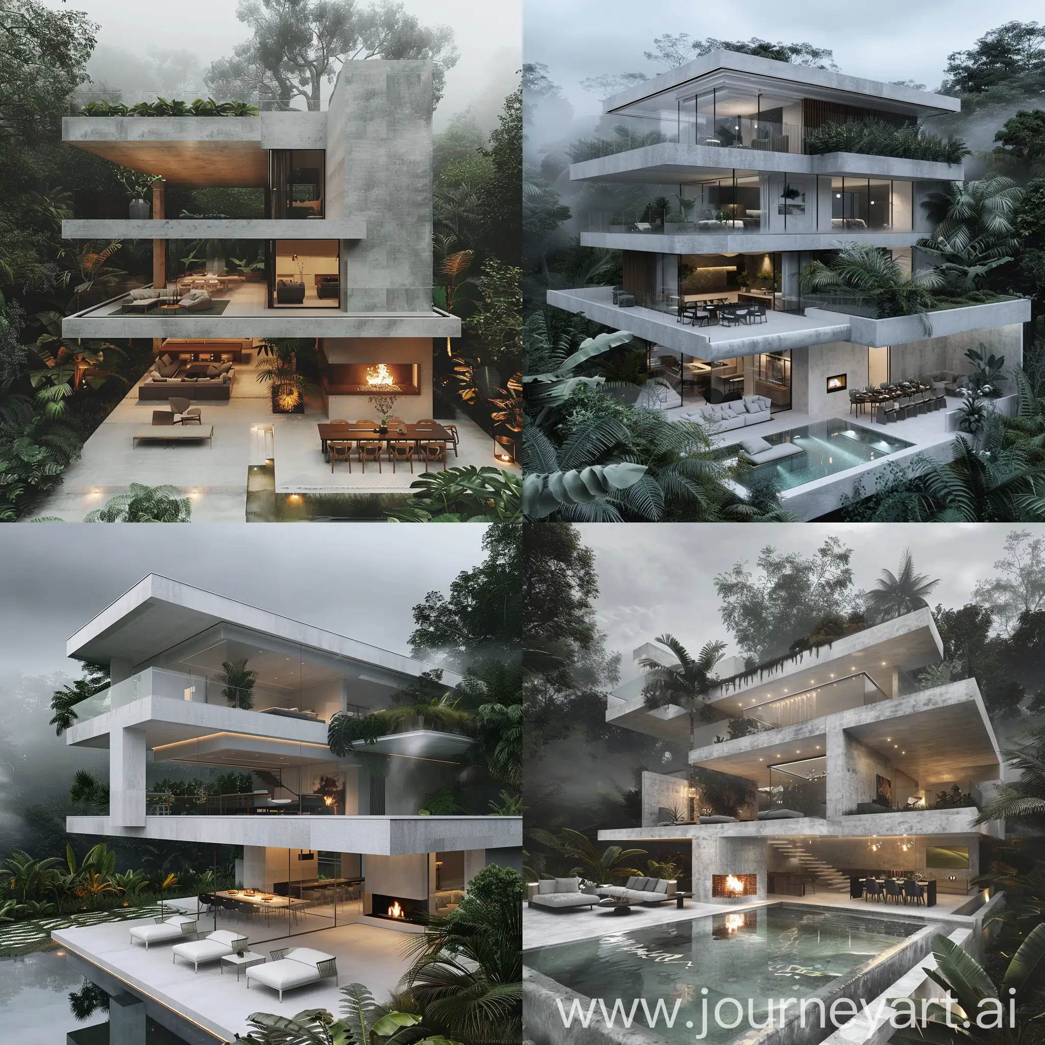 A modern three-story villa with white and gray colors and concrete, with full arrangement of furniture.
 with an infinity glass pool, decorated and soft lighting, fireplace and table and chairs, landscaped yard,
 In a lush tropical forest with broad leaves, foggy cloudy weather, real photo.