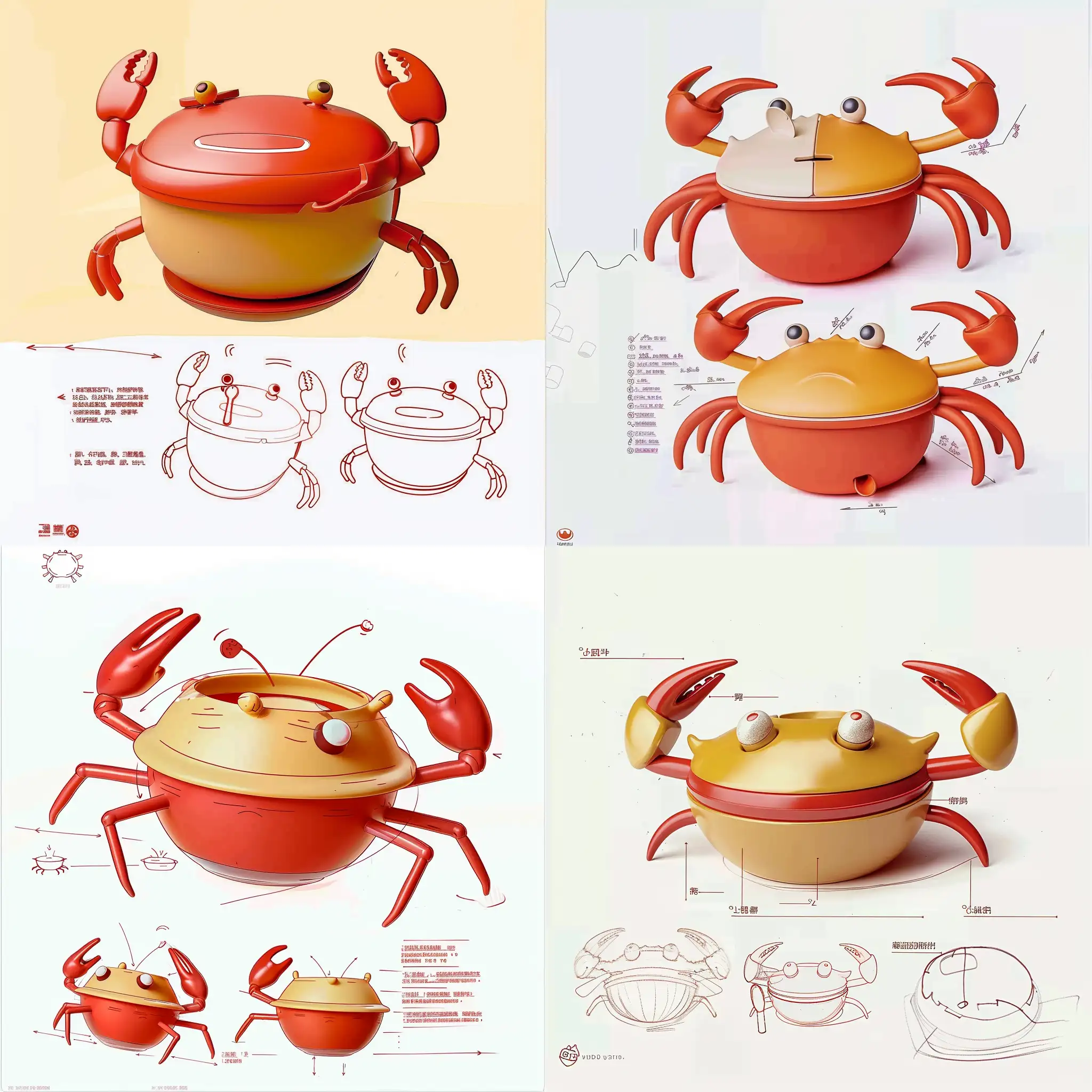 Product design, children's water drive thermal preservation bowl design, small, cute and portable, design sketch scheme hand-drawn sketch drawing reference, product design sketch, white background, logo color, front view, side view, rear view, drawings from different angles, each scheme should present the source and intention of the modeling, detailed drawing, explosion diagram, use scene diagram, human-computer interaction diagram to extract the shape of the crab. Design children's water-filled thermal insulation bowl, small and cute, hand-drawn sketches of product design, big crab claws are round and cute, made up and down can be split, the tableware is hidden in the crab claws, while the crab claws on both sides as a handle for the baby to grasp, crab feet do not