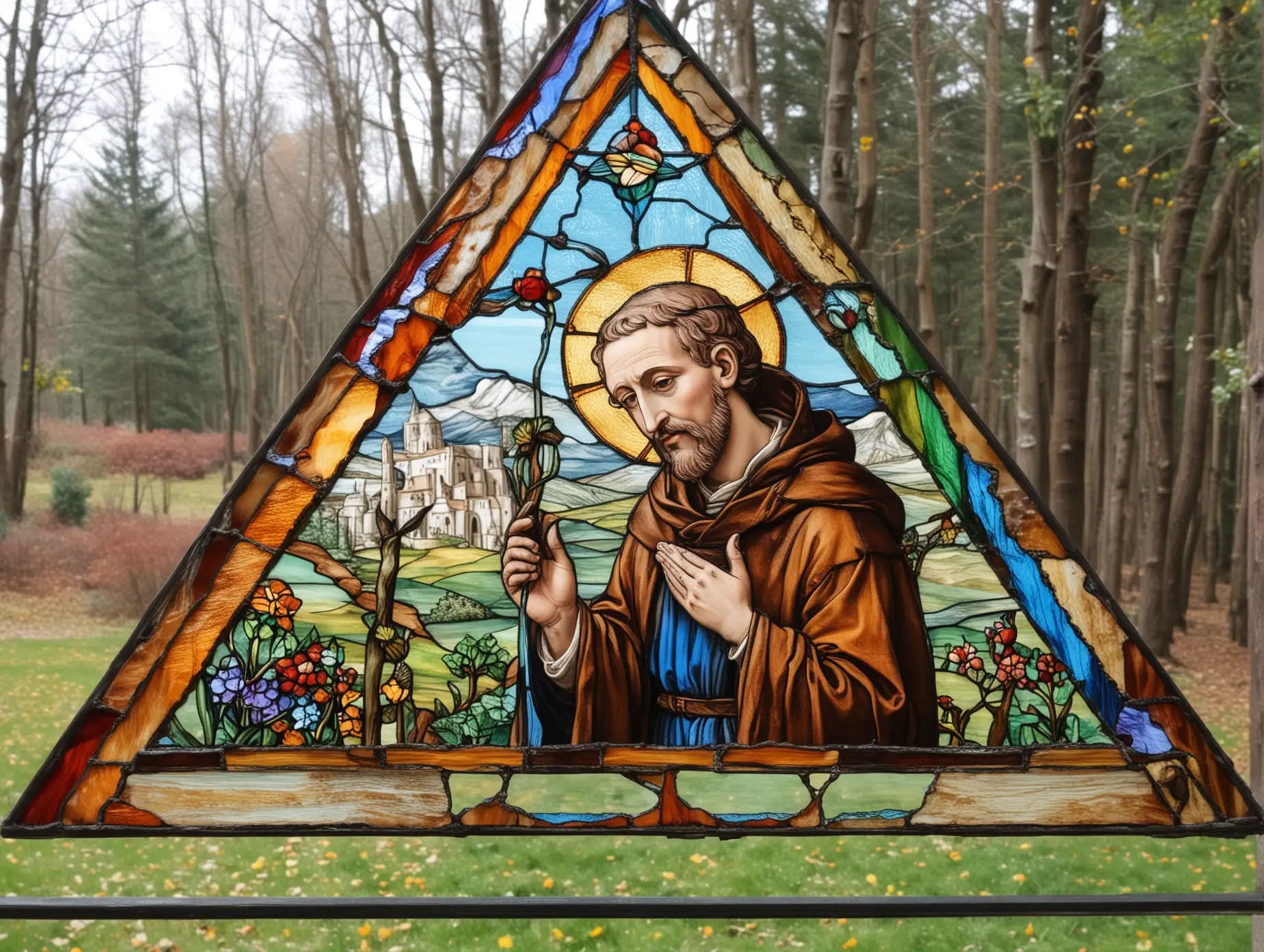 triangle
stained glass
very beautiful 
multicolored 
with the photo of saint francis of asisis