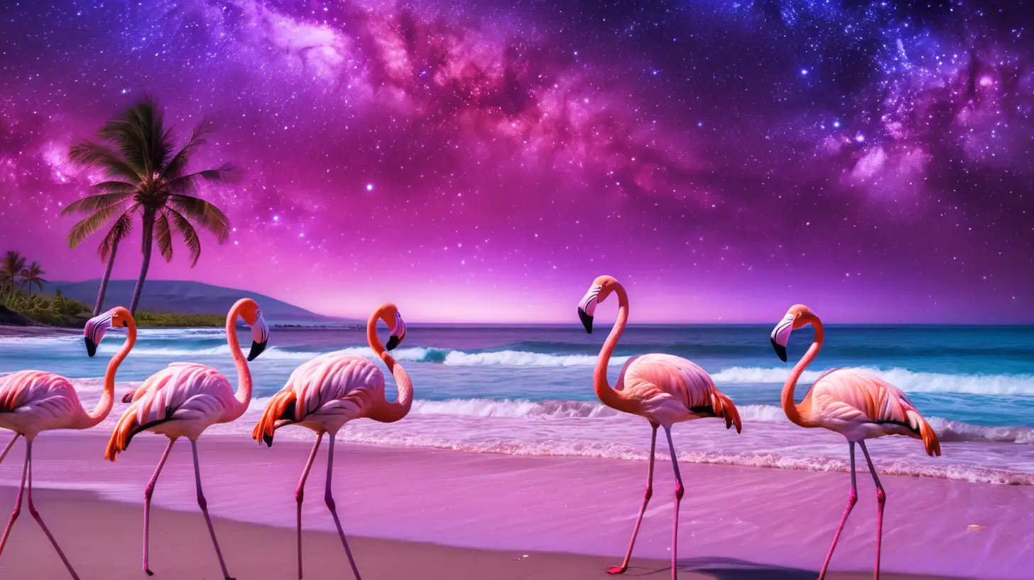 Vibrant Magenta Flamingos on Ocean Shore under Purple Galaxy Sky