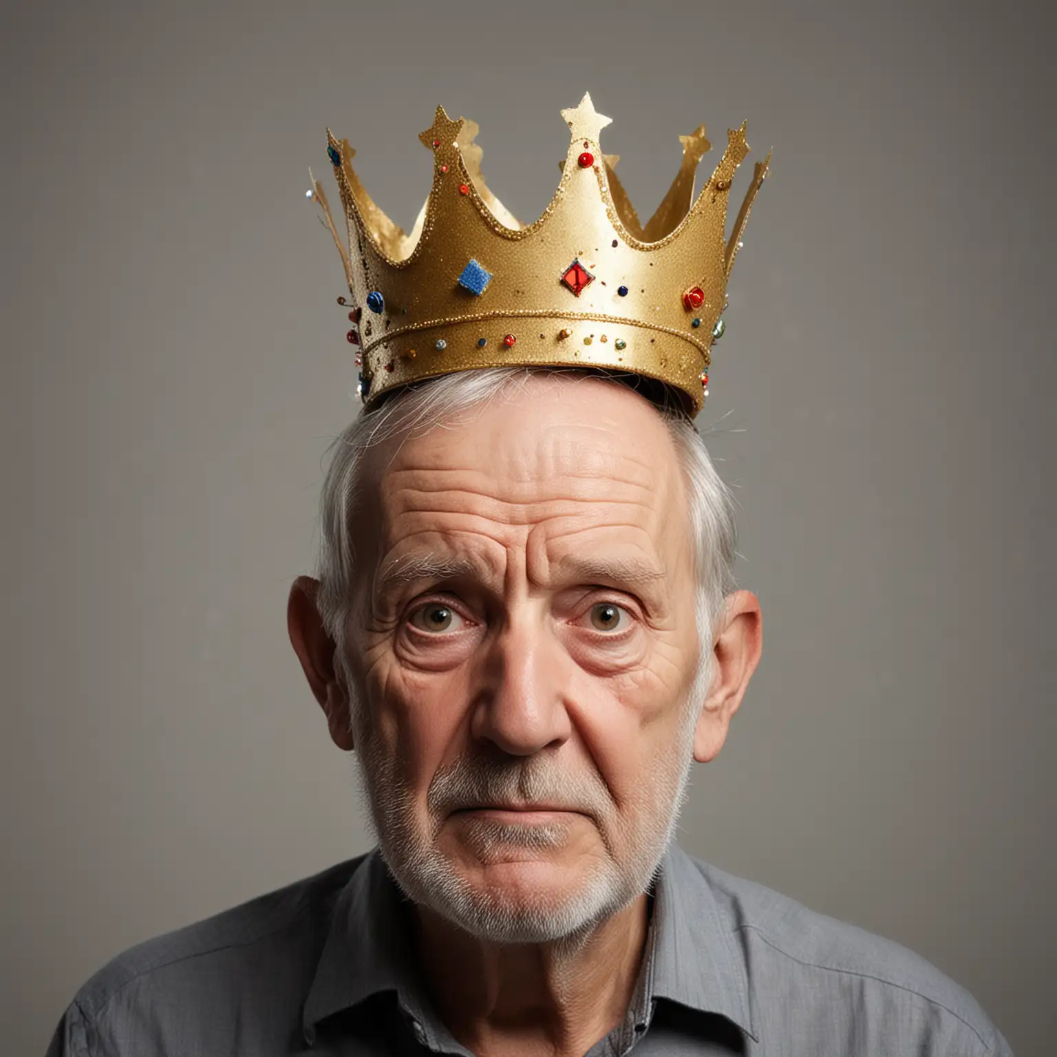birthday crown on old man`s head. Dull lighting on grey background.