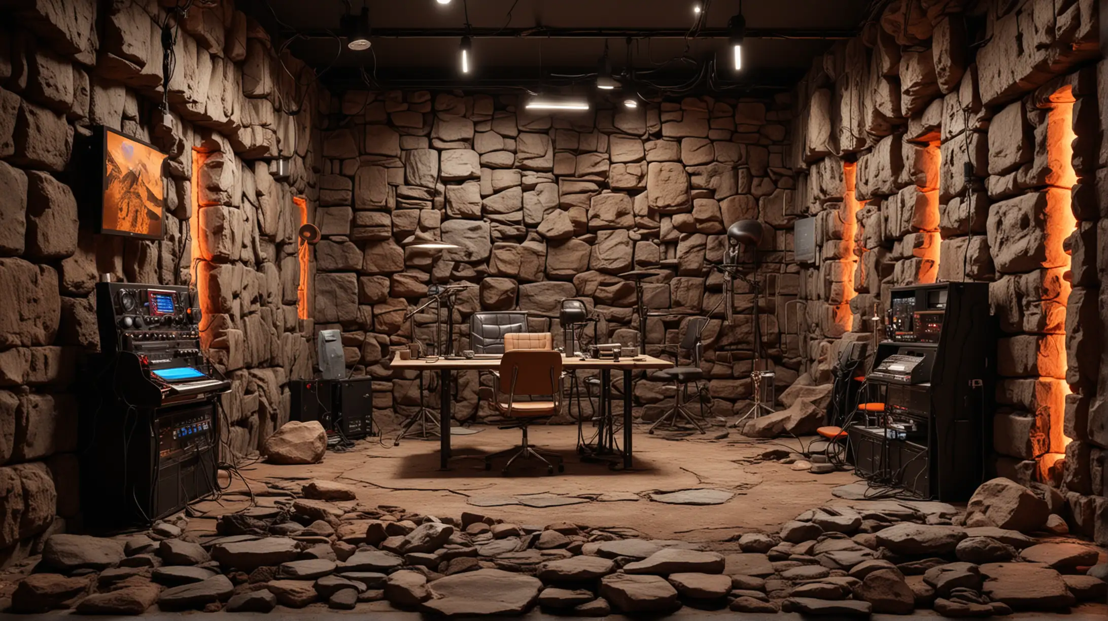 CLOSE UP  SHOT OF PODCAST STUDIO WITH NEON LOGHTING. VERY HYPER-REALISTIC AND SLIGHTLY CYPER PUNK. THE WALLS ARE MADE OF STONES AND PETRIFIED ROCK