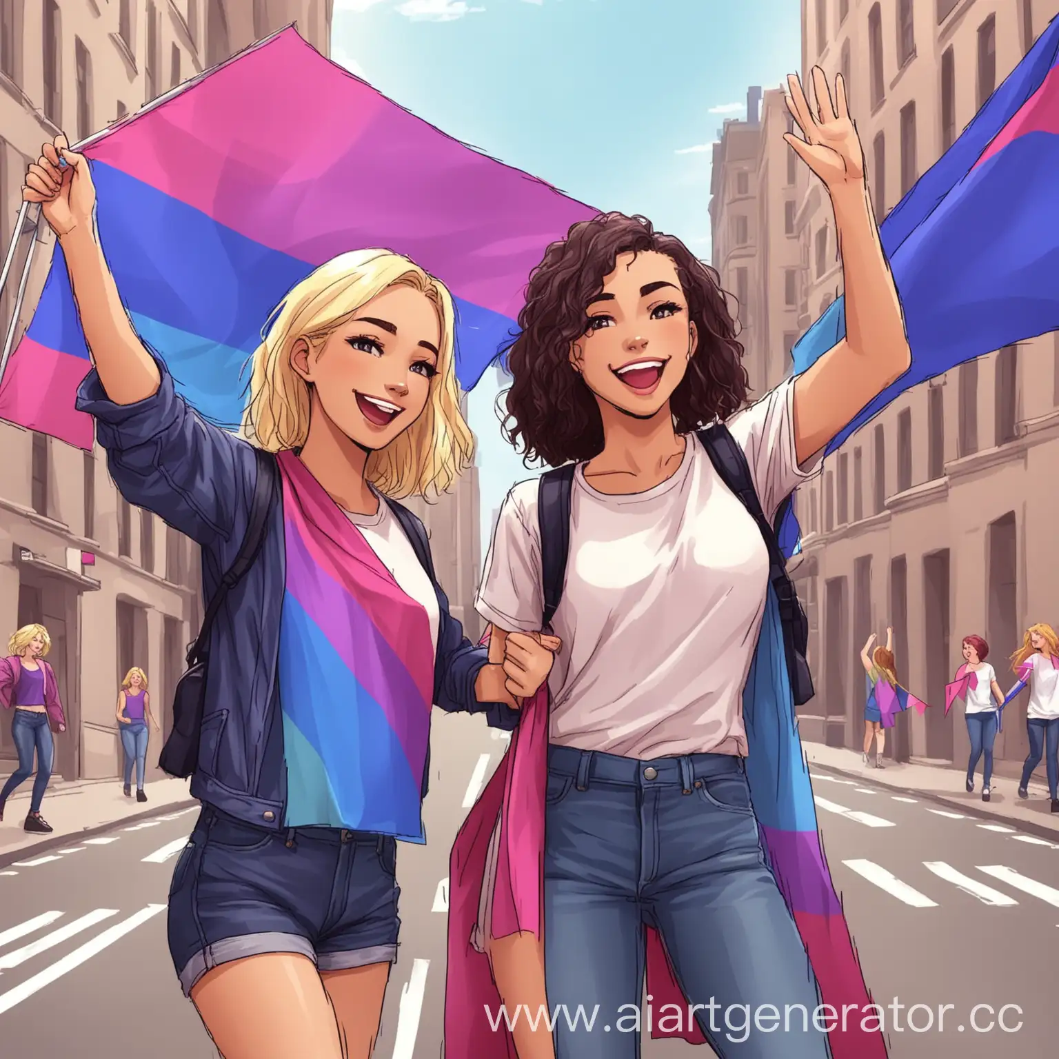 2 весёлые девушки бисексуалки идут по городу размахивая флажками бисексуалов