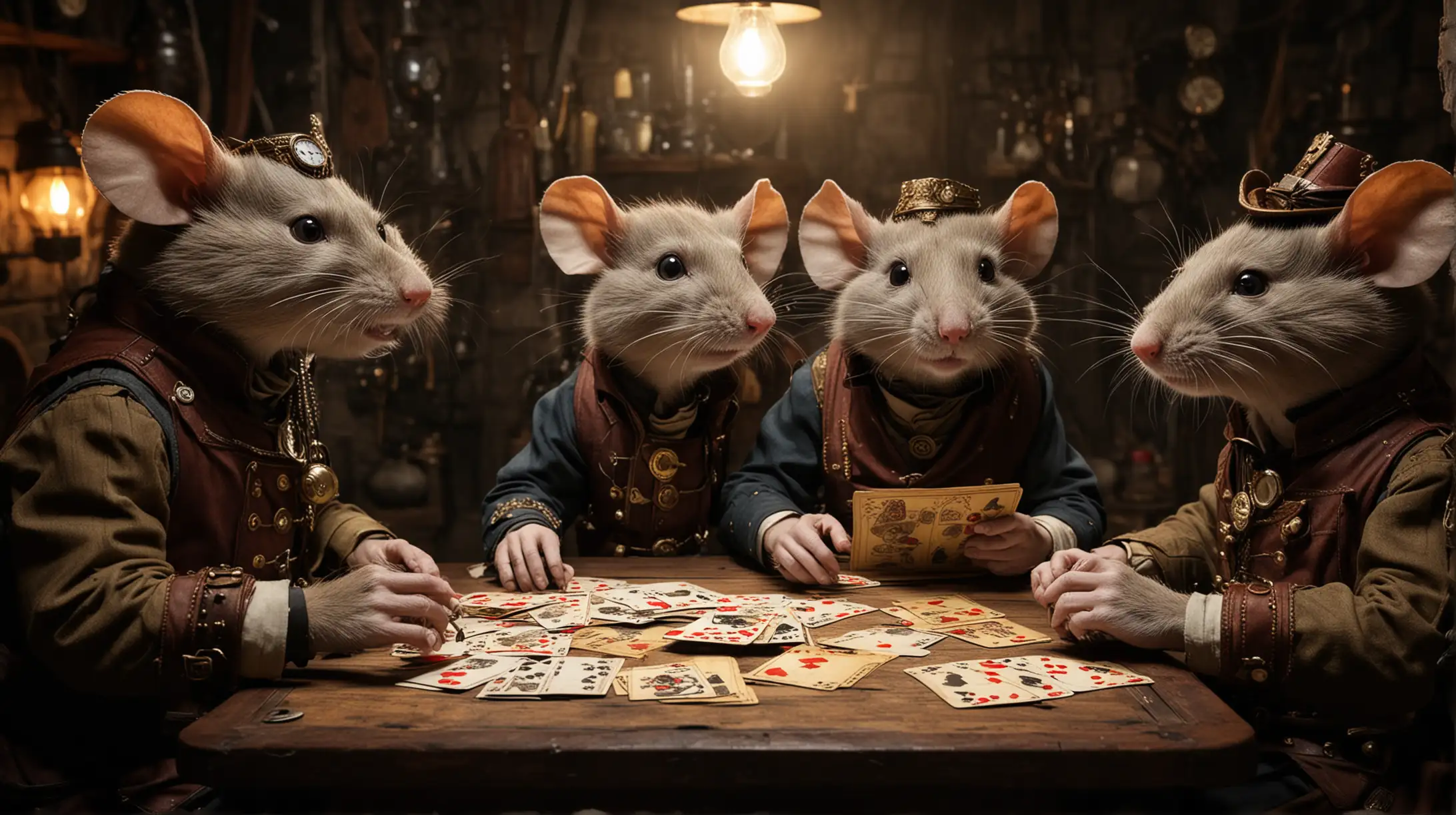Steampunk Rats Playing Cards in Illuminated Cellar