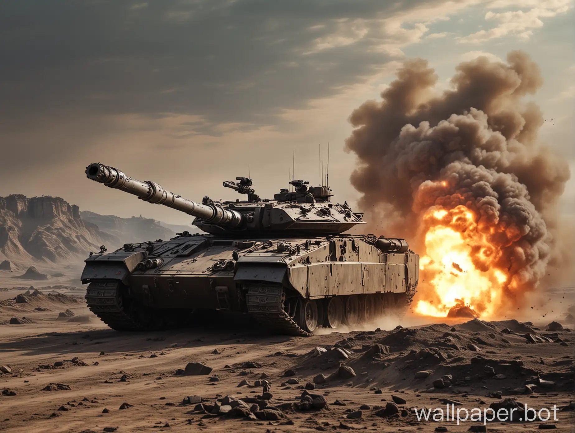 tank t-90 drives on alien scorched planet and shoots from cannon