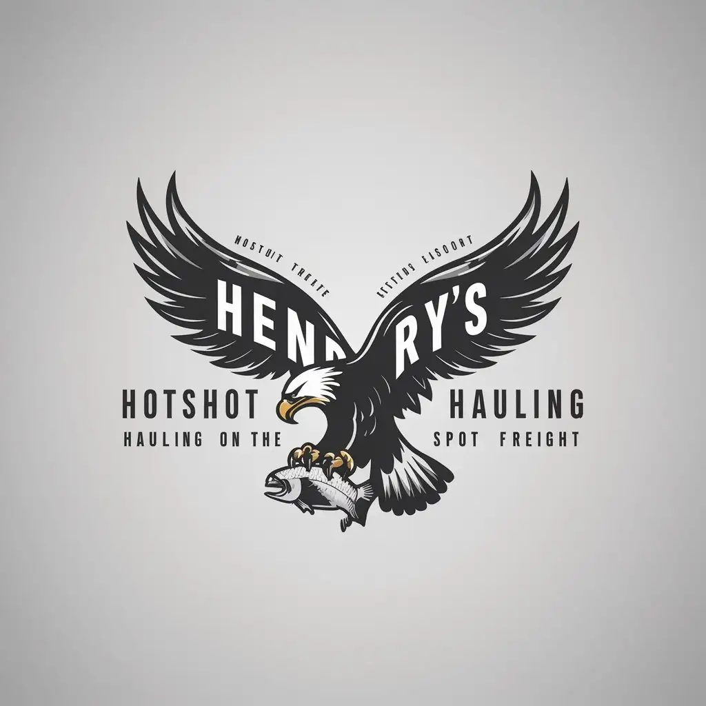 a logo design,with the text "hotshot hauling On the spot freight", main symbol:Eagle spreading its wings and feathers in between them from tip to tip is written the word Henry’s as it is grasping a salmon in its claws just above the water,Minimalistic,clear background