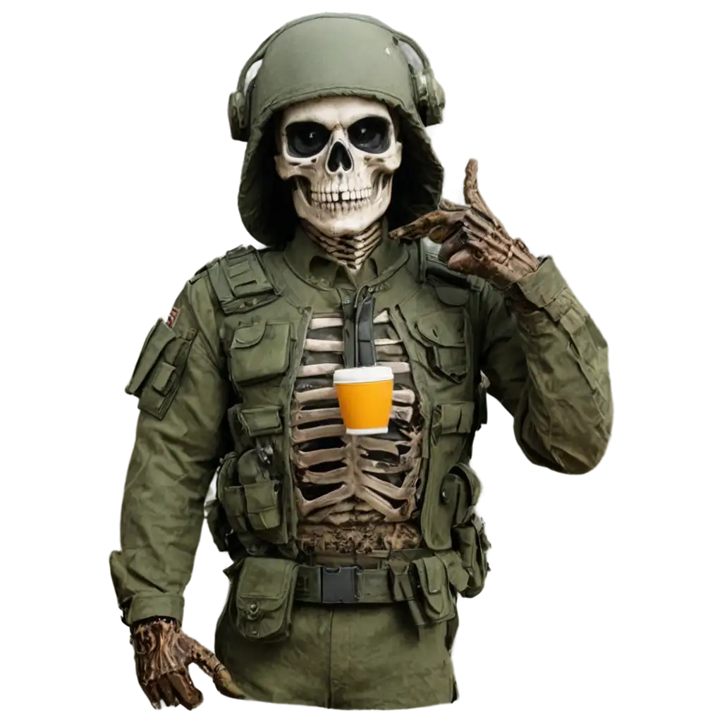 Skull army guy drink coffee