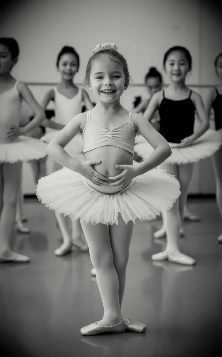 6 years old French ballerina, showing her stomach, at ballet class