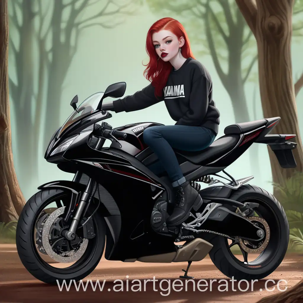 adult girl about 29, pale skin, red hair under the bark, shaved temples, green eyes, burgundy lips, black sweatshirt, black jeans, black ankle boots, the look of an indifference, sitting on a black Yamaha motorcycle 
