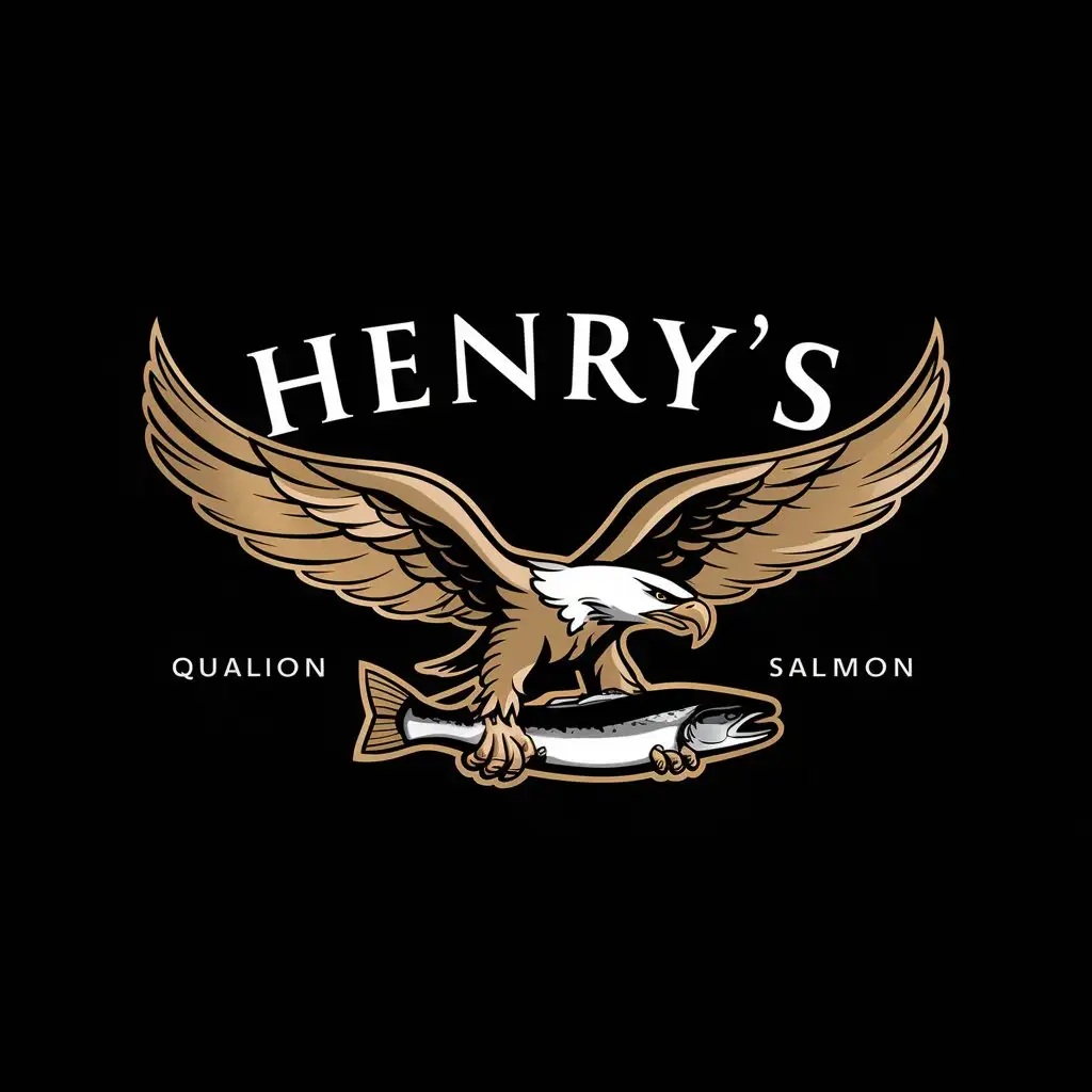 a logo design,with the text "Henry’s", main symbol:A flying golden eagle spreading its wings and feathers grasps a salmon with its claws. Black background,Moderate,clear background