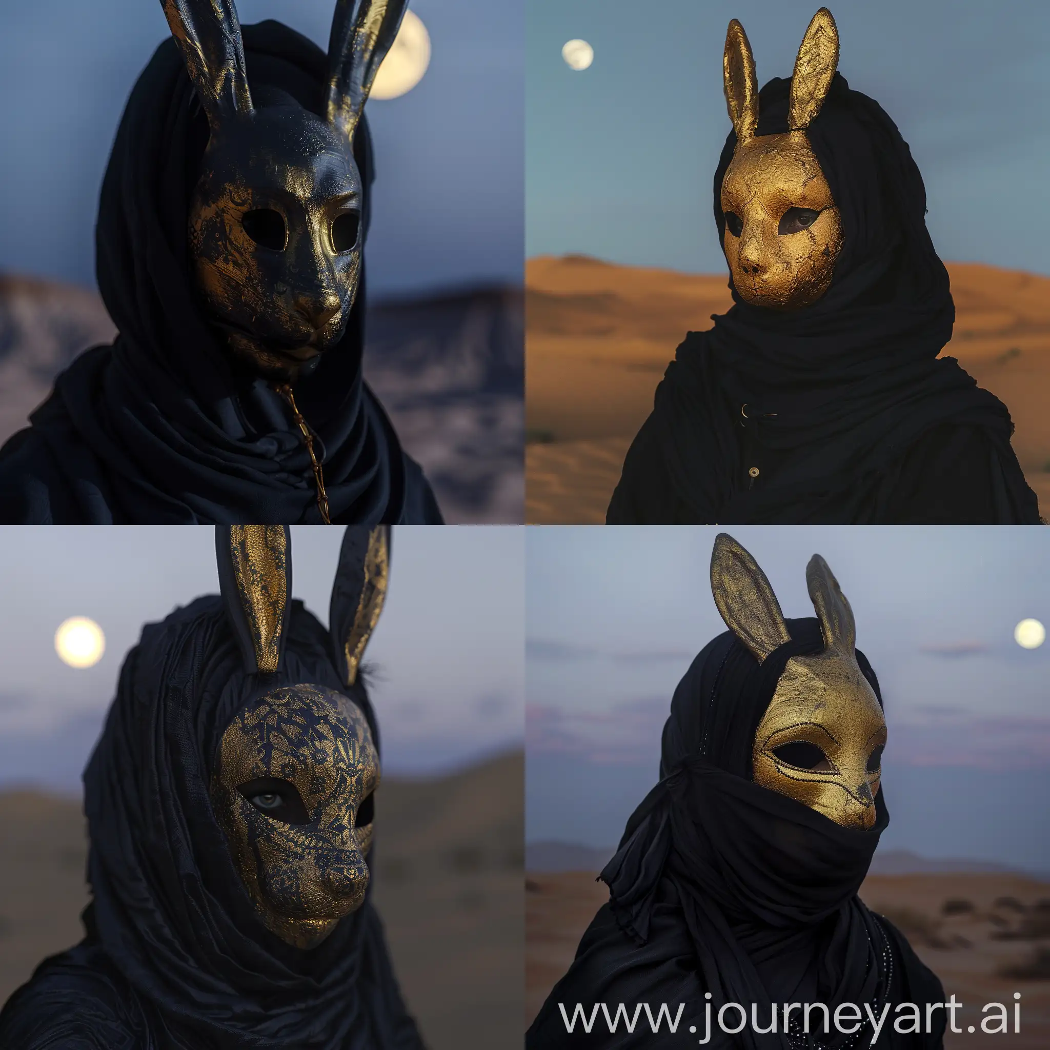 черная куфия и золотая маска кролика, пустыния, ночное время суток, луна, крупный план, 8к, гипер реализм, супер детализация, острый фокус