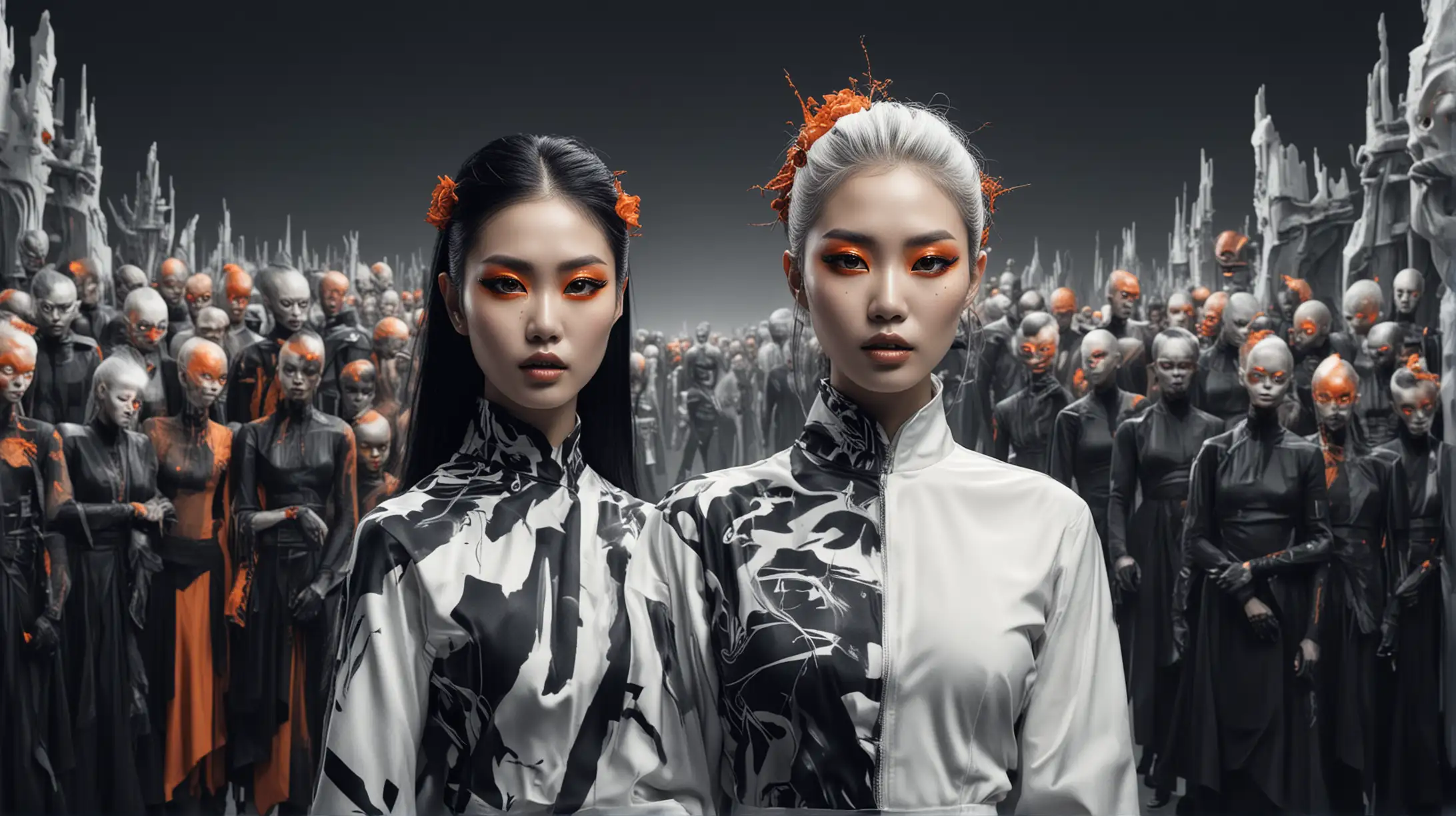 professional realistic photo of a fashion show on the catwalk comes adult beautiful beautiful asian woman with surreal face in digital art style on white background, with dark makeup and surreal photo in dark black and orange color. She has dark gray eyes and white hair, a glowing light in her head, and dark, high-contrast surrealist makeup. Everything is watched by people of different nationalities sitting in festive clothes from the future. In the background of the picture, a huge alien with a terrifying expression on his face. Amazing alien diverse landscape with romantic nature and sensitively incorporated futuristic houses, low camera angle masterpiece, prompt design Milan Pokora 061724 --ar 16:9