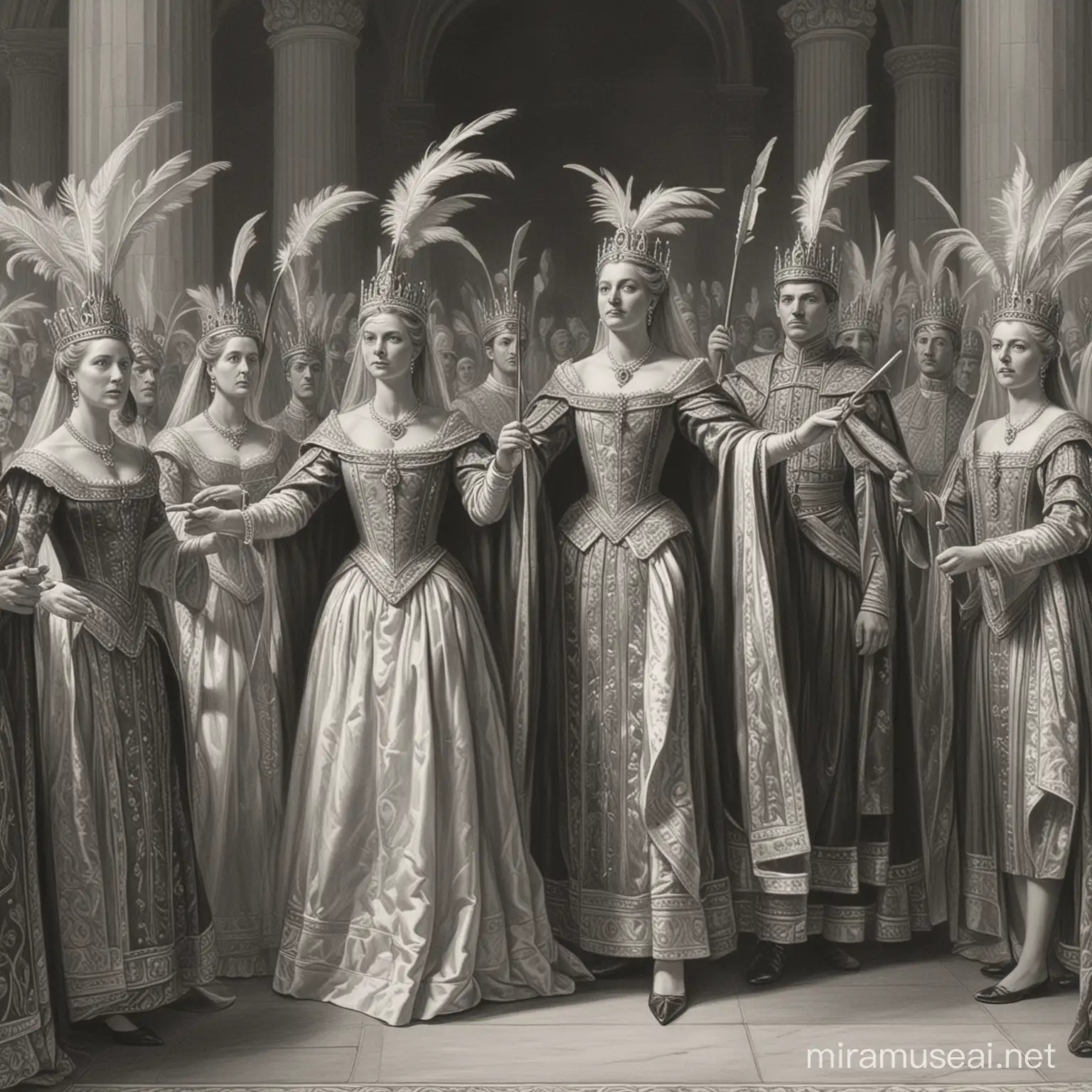 Royal Court Servants Fanning King and Queen with Feather Fans