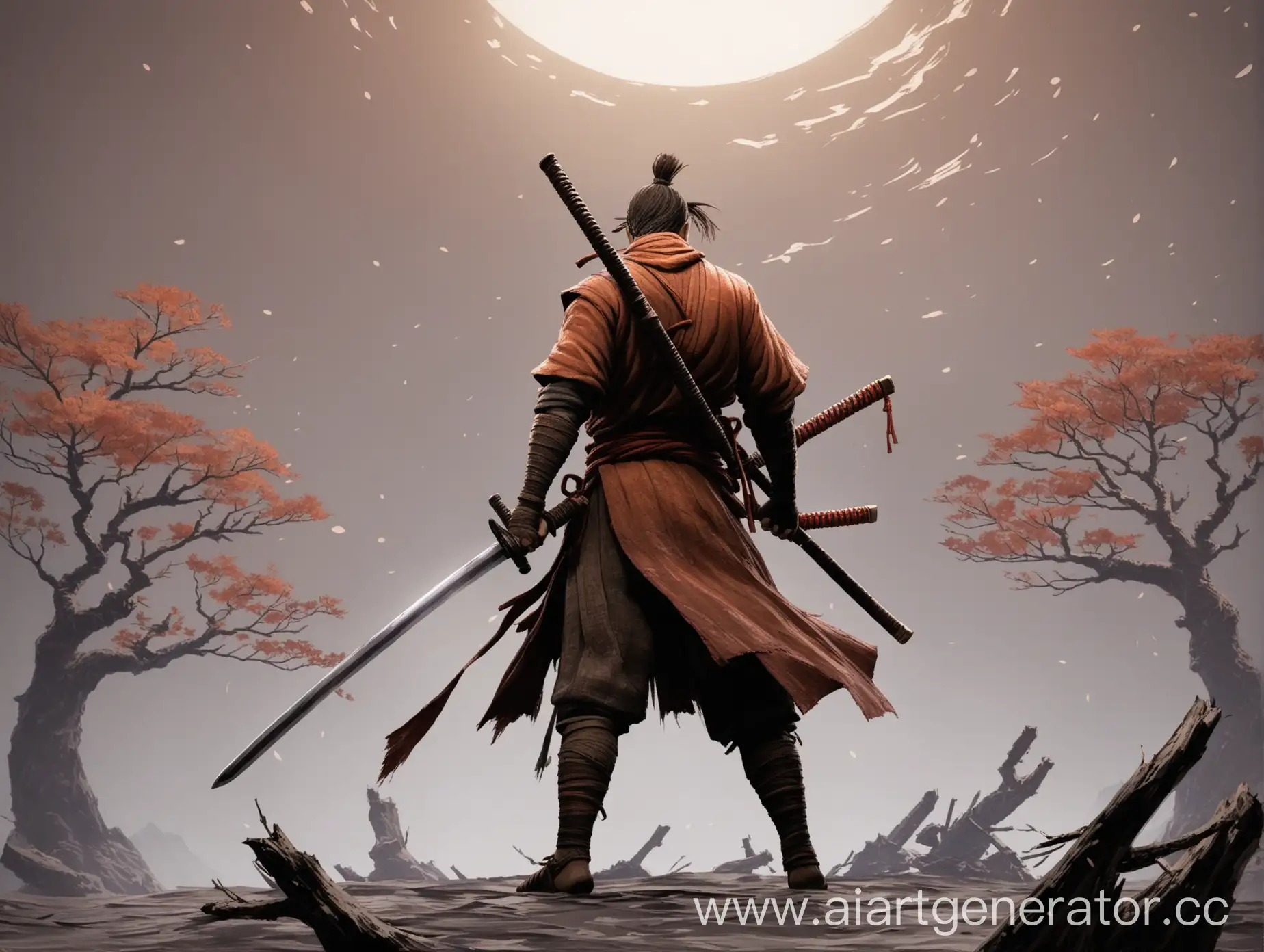 Персонаж Секиро из игры "Sekiro: shadow die twice" эпично с клинком бессмертных. Персонаж стоит один. Он использует клинок бессмертных, разрезая ткань мироздания. 