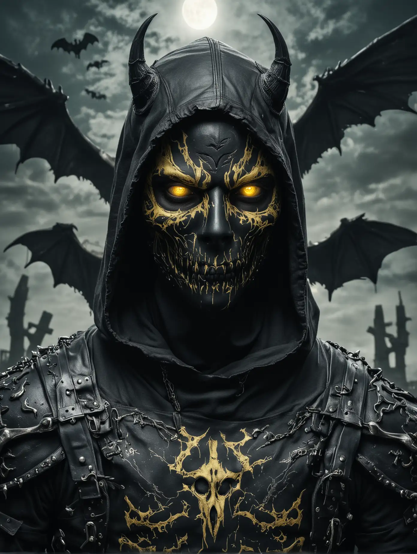 male, short dark green hair, yellow eyes, tattoo on the neck, athletic build, an evil look, a black demonic mask covers half of the face, Portrait, black leather armor with a hood, black large wings on the back, black ghosts are flying around, the background is post-apocalyptic, skulls and bones are lying around, in the moonlight