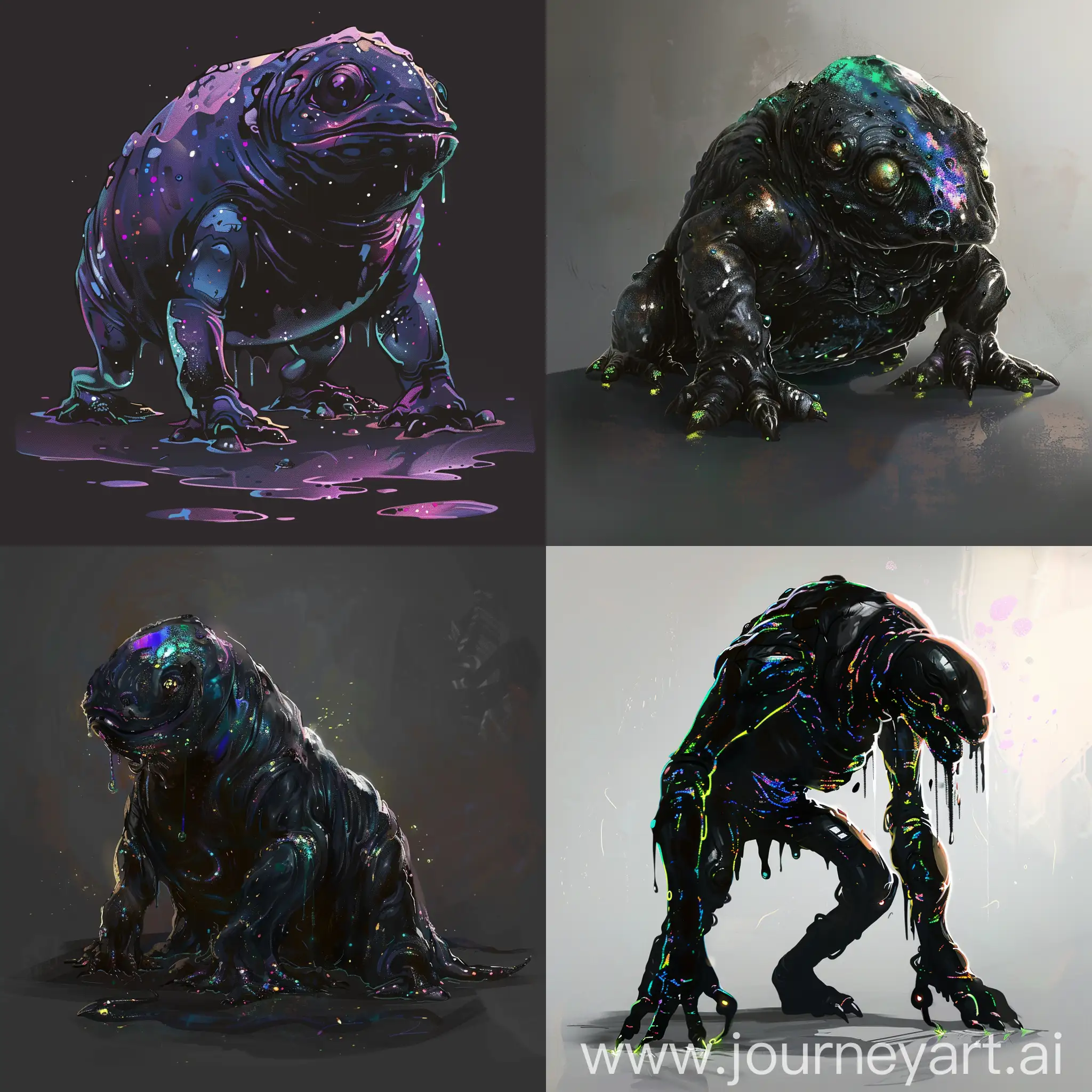 Fantasy creature, iridescent ooze, ichorblack base color with sparse elemental highlights, single color background.