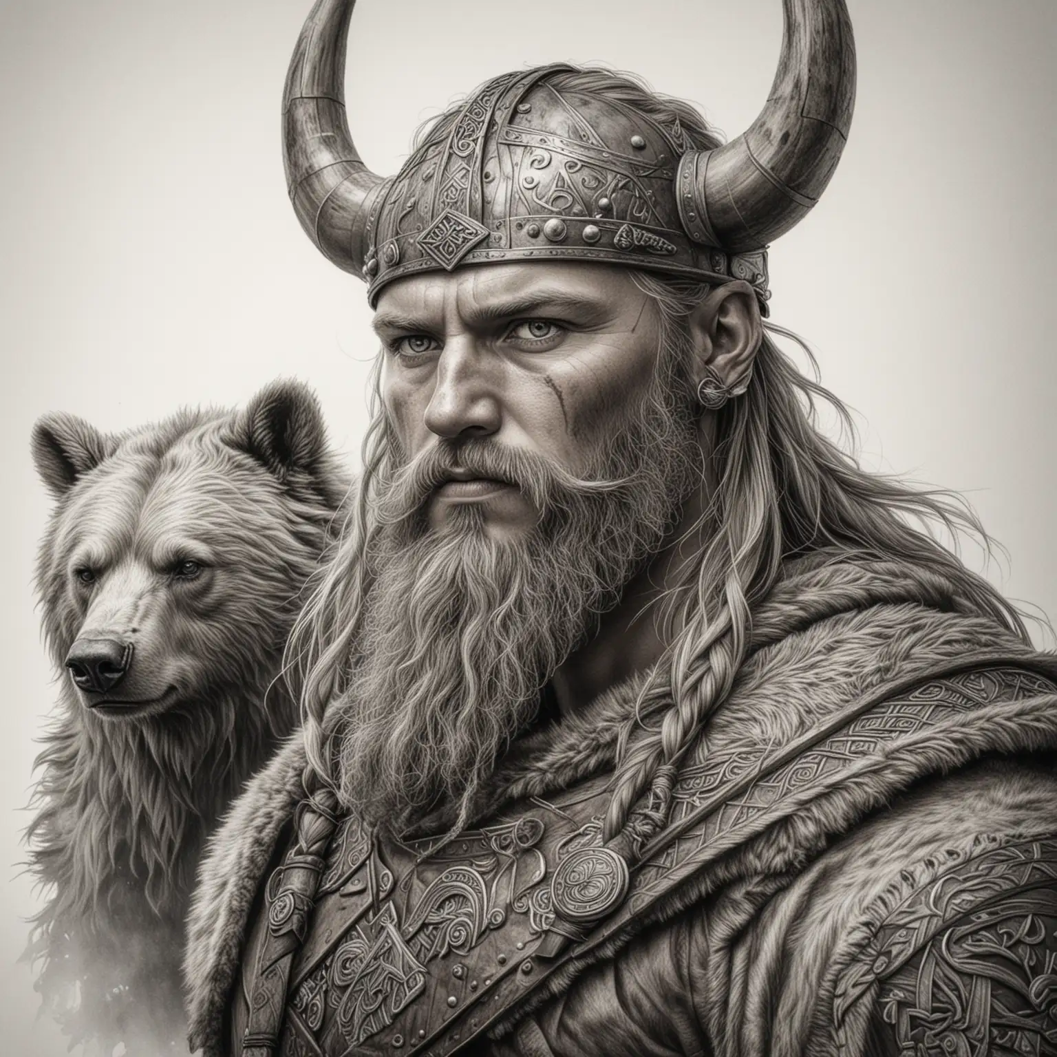 Detailed-Realistic-Viking-Warrior-with-Bear-Sketch-on-White-Background