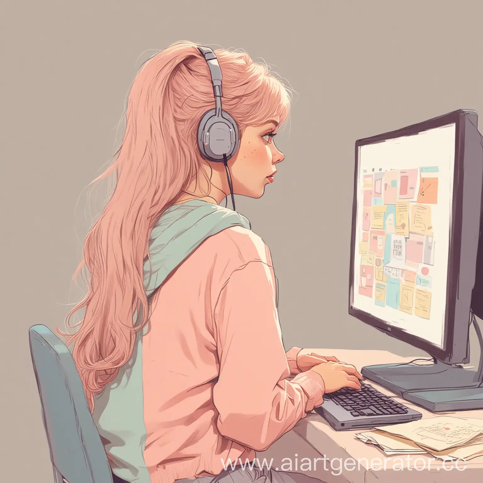 Девочка подросток сидящая к нам спиной смотрит в компьютер и ищет информацию  в мультяшном стиле и пастельных тонах