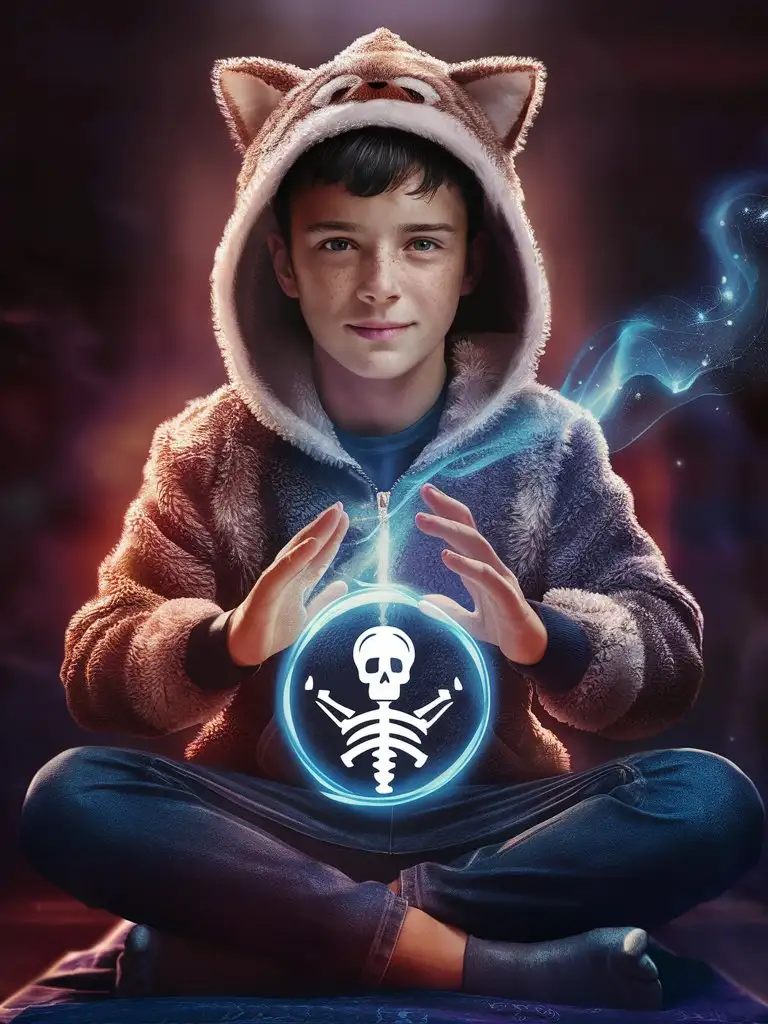 photorealistic, magical qi-cultivation, 12yo, male, RAW Photo, fluffy cat-hoodie, immortality, precocious, European face, lotus-position, holding symbol for death