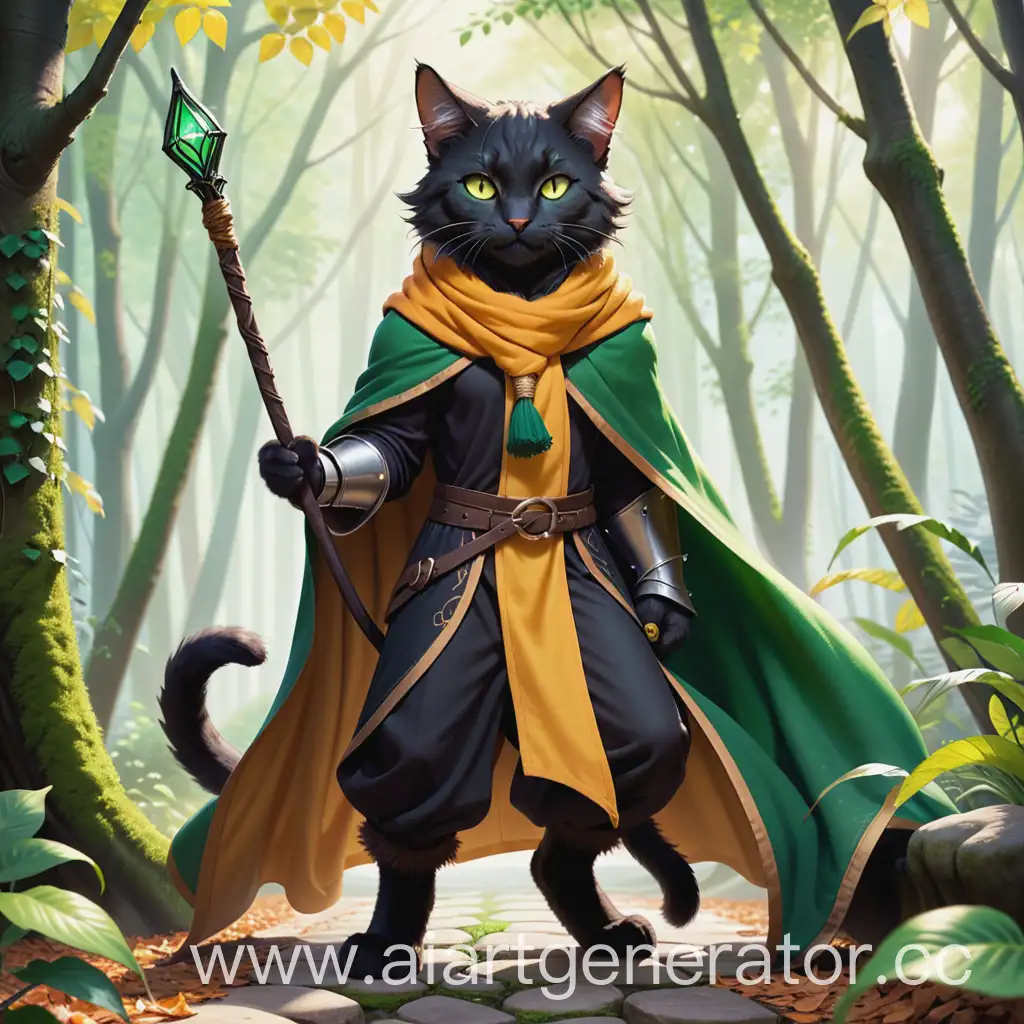 Anthropomorphic-Tabaxi-Cat-with-Two-Tails-in-Forest-Fantasy-Setting