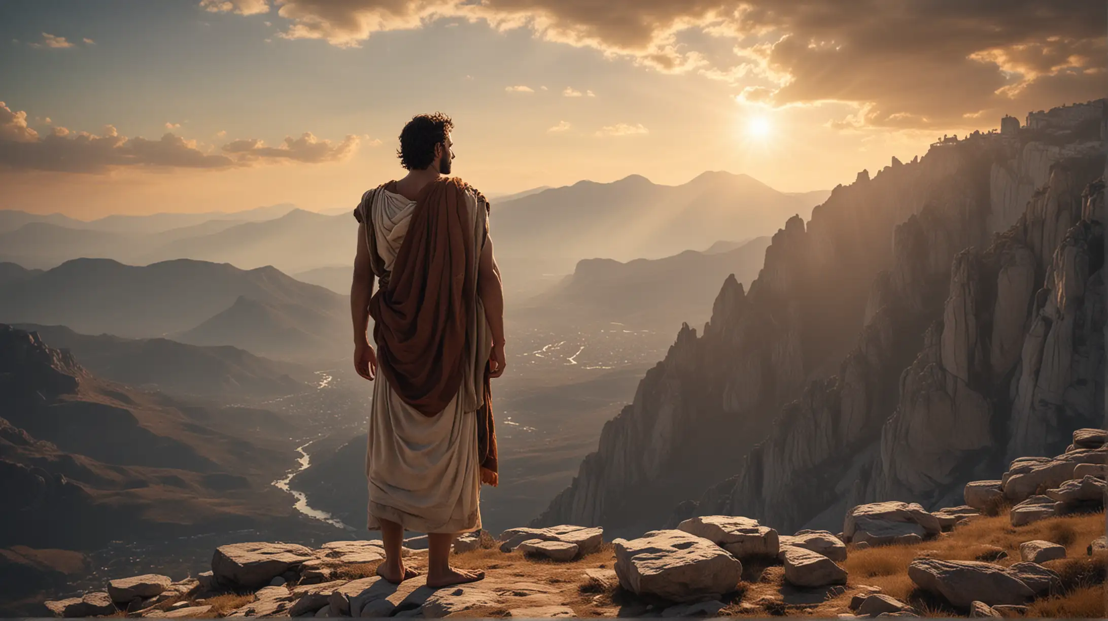 Visualization Prompt: Visualize a Greek philosopher standing on a mountaintop, looking out over a vast landscape with a sense of serenity and determination. The philosopher's muscular build exudes strength and resilience, embodying the stoic virtues of courage and fortitude.
Image Description: In the image, we see a stoic philosopher, clad in traditional Greek attire, standing confidently with his arms crossed over his chest. His gaze is fixed on the horizon, where the sun is rising, casting a warm glow over the rugged terrain below. Behind him, tall mountains rise majestically into the sky, symbolizing the challenges he has overcome on his journey to wisdom and enlightenment.