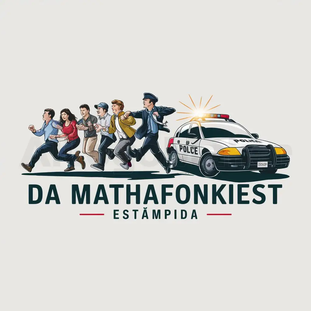 a logo design,with the text "Da Mathafonkiest - Estampida", main symbol:people running from the police,Moderate,be used in Entertainment industry,clear background