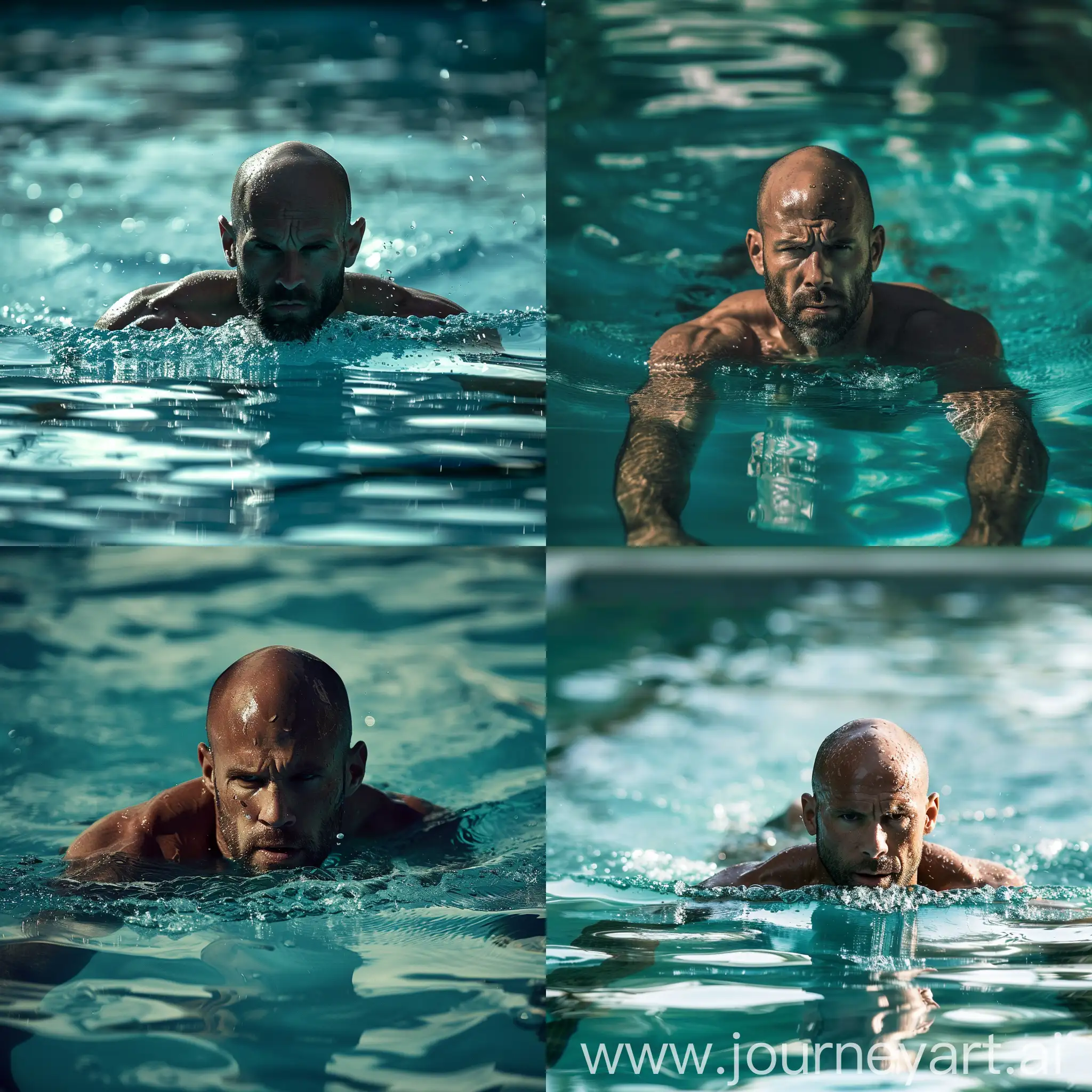 Jason Statham swims in the pool
