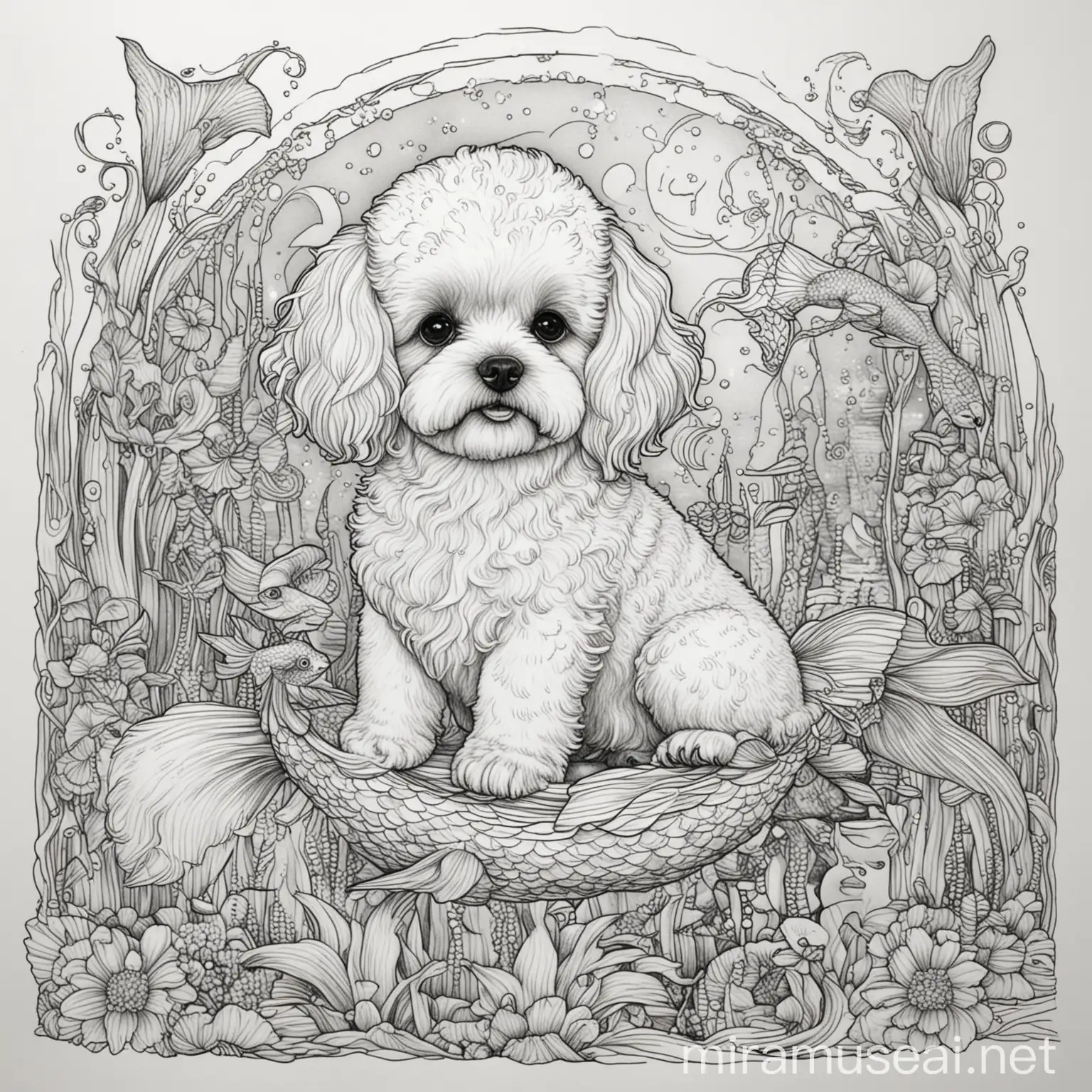 Enchanting Bichon Havanais Mermaid Coloring Book Page for Relaxation and Creativity