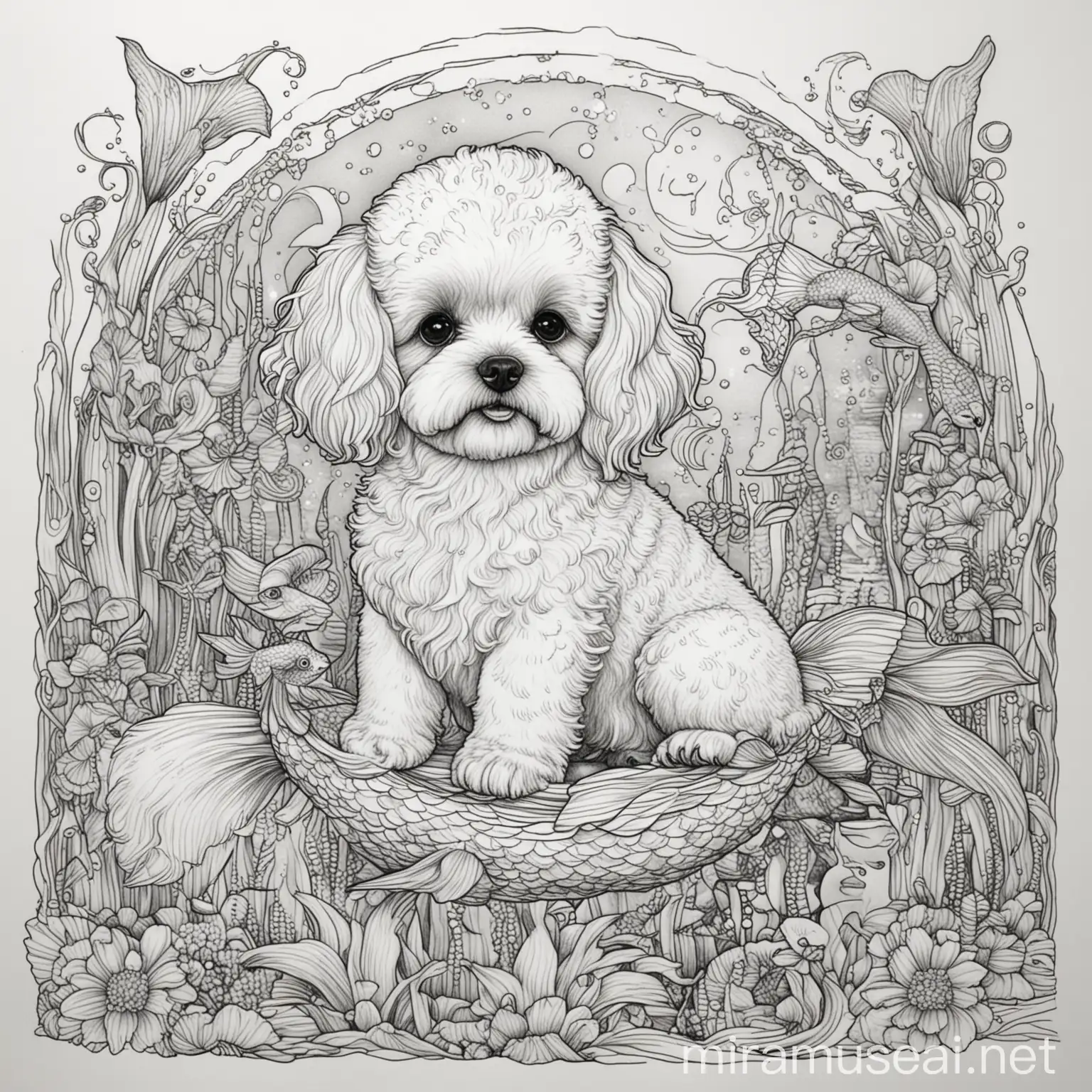 Enchanting Bichon havanais Mermaid Coloring Book Page