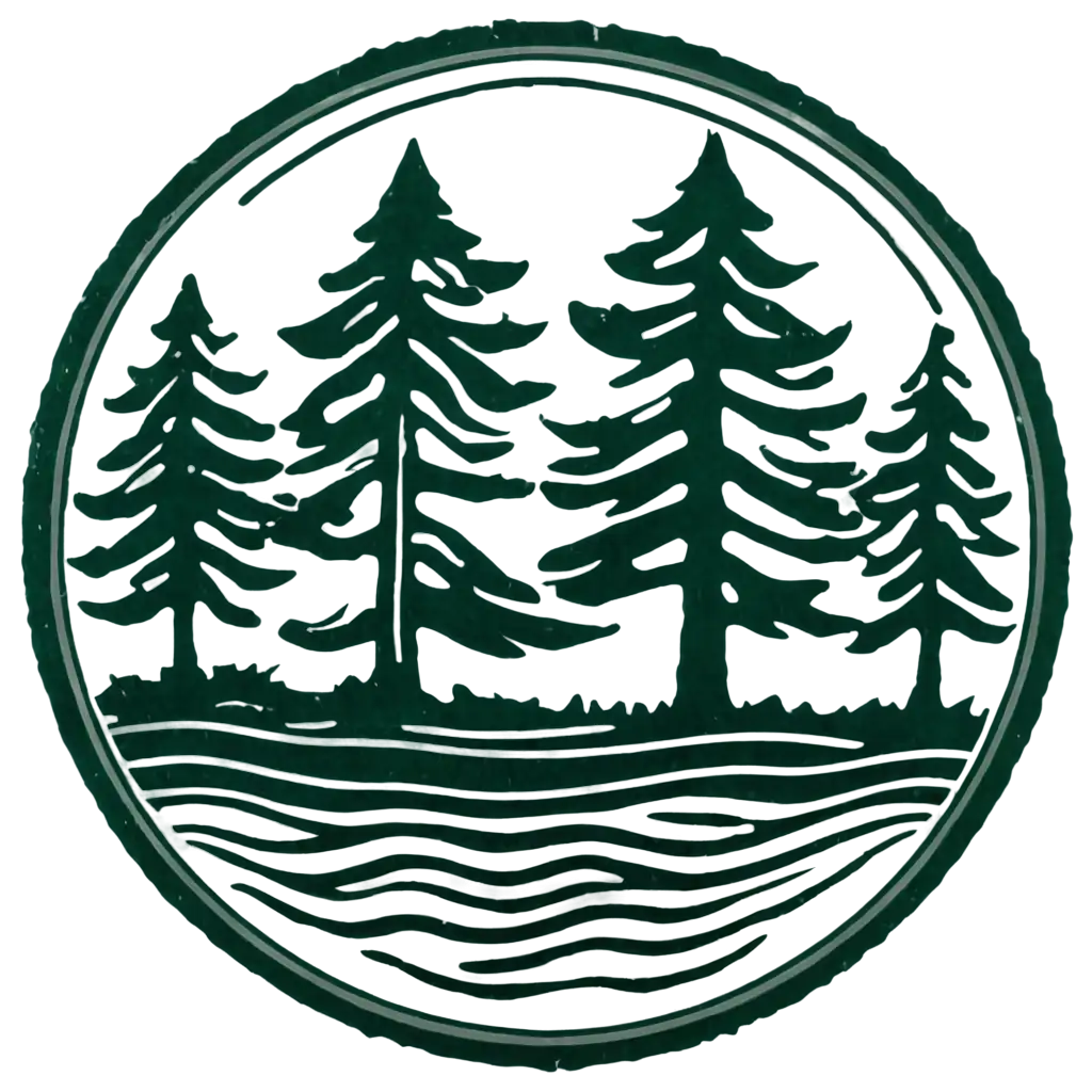 logo that include trees and river with a boat