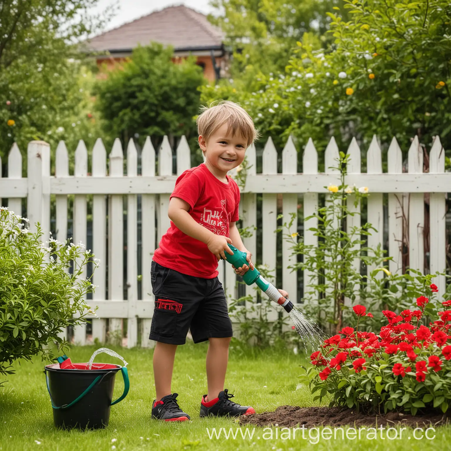Реальная фотография. Мальчик, 4 года, в чёрных шортах и красной футболке поливает саженец дерева. Мальчик улыбается. На заднем плане газон и цветы, забор, лето.