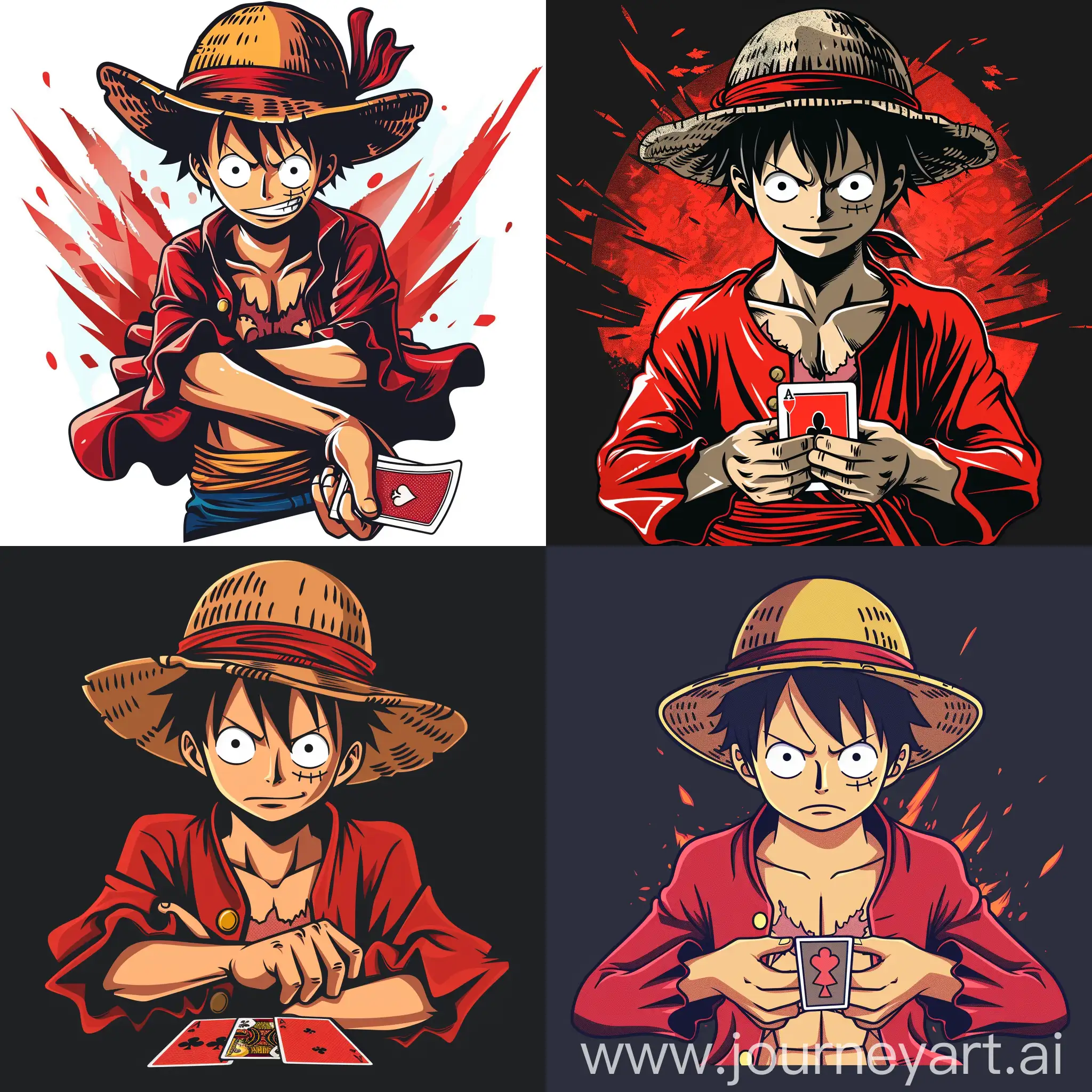 Create logo for channel related to anime and stars in the logo must be anime character Luffy which playing anime cards or holding, style of art must be like smooth anime in Japanese style