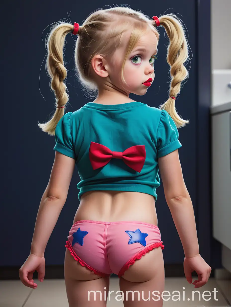 View of a little girl, has her back, full body,

age 5, green eyes, long hair, pigtails, small forehead, big jaws, blonde hair, parted lips, red lipstick, blue lipstick

pink panties